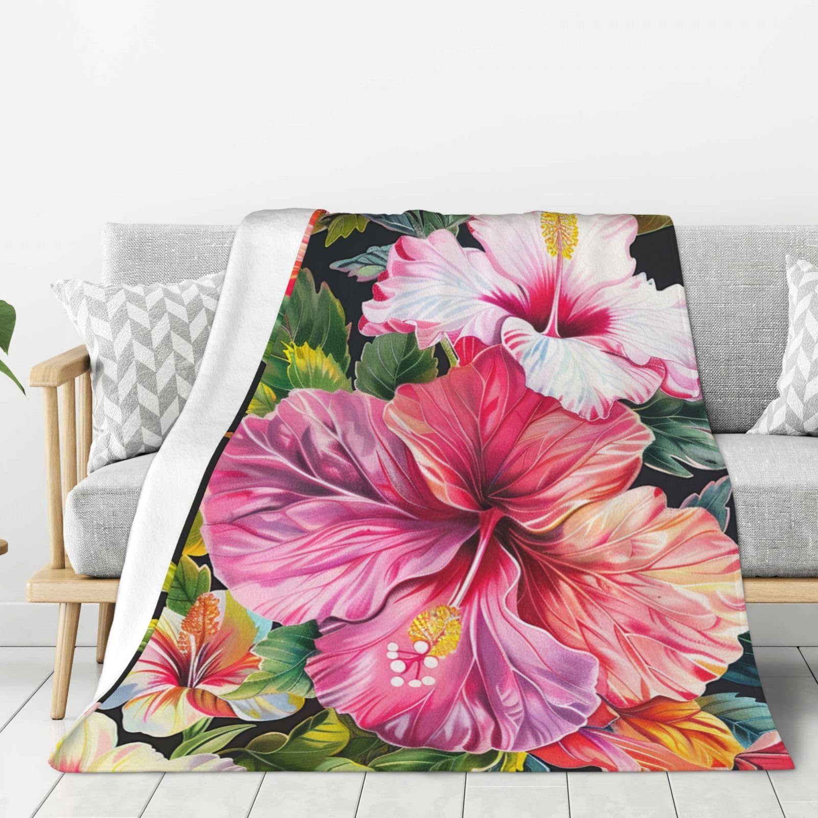 Couverture épaisse en flanelle isolante et douce motif fleurs d'hibiscus