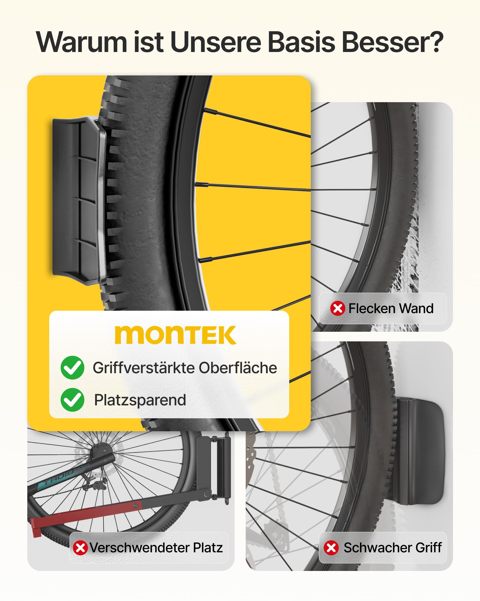 monTEK Schwenkbare Fahrrad Wandhalterung, Rennrad Wandhalterung für Reifenbreite bis 90mm, Fahrradhalterung Wand bis 35kg, platzsparender Wandfahrradständer, Vertikaler Fahrradständer, 2er Set