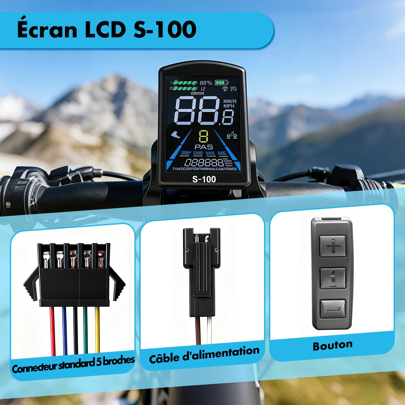 Kit de Contrôleur de Moteur sans Balais pour Vélo Électrique, 36V 48V 500W 750W 26A 3 Modes Contrôleur à Onde Sinusoïdale avec Panneau d'Affichage LCD Couleur S-100 Étanche