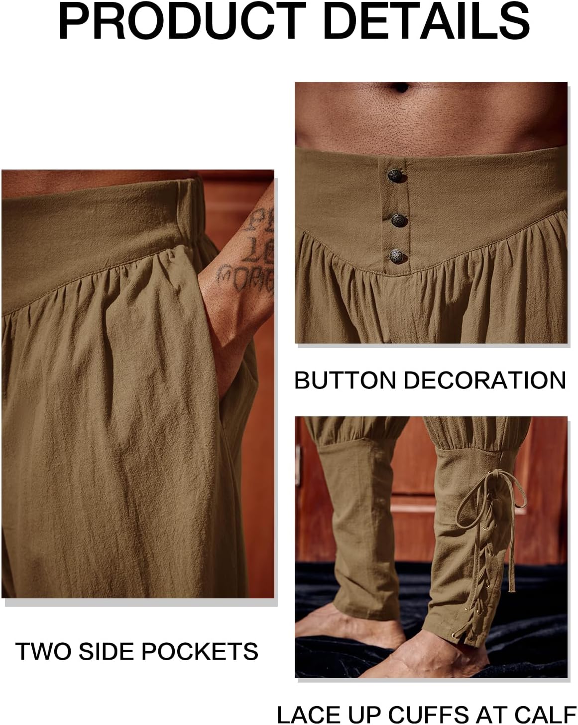 Runcati Mens Medieval Ankle Pants Renaissance Viking Pirate Lace Up Tapered Halloween Linen Costume Trousers - Image 5
