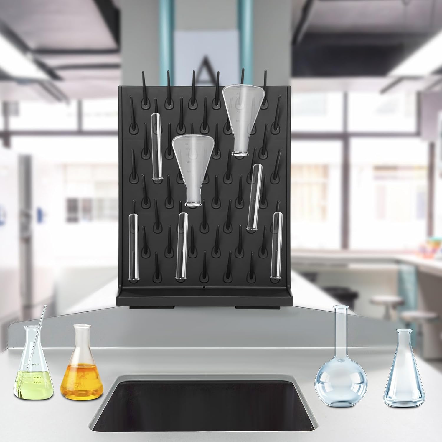 Lab Glassware Drying Rack, Wall-Mount Lab Utensil Stand, Test Tube and Beaker Holder with 52 Removable Pegs Sloped Drainage for Labs Schools Scientific Research