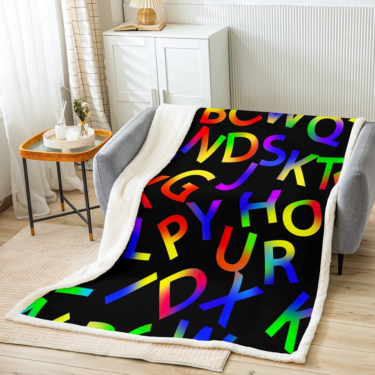 Coperta in peluche con lettere inglesi arcobaleno con lettere colorate, sherpa, , con sfumatura al neon, coperta educativa sfocata, per divano letto, regina 200 x 200 cm