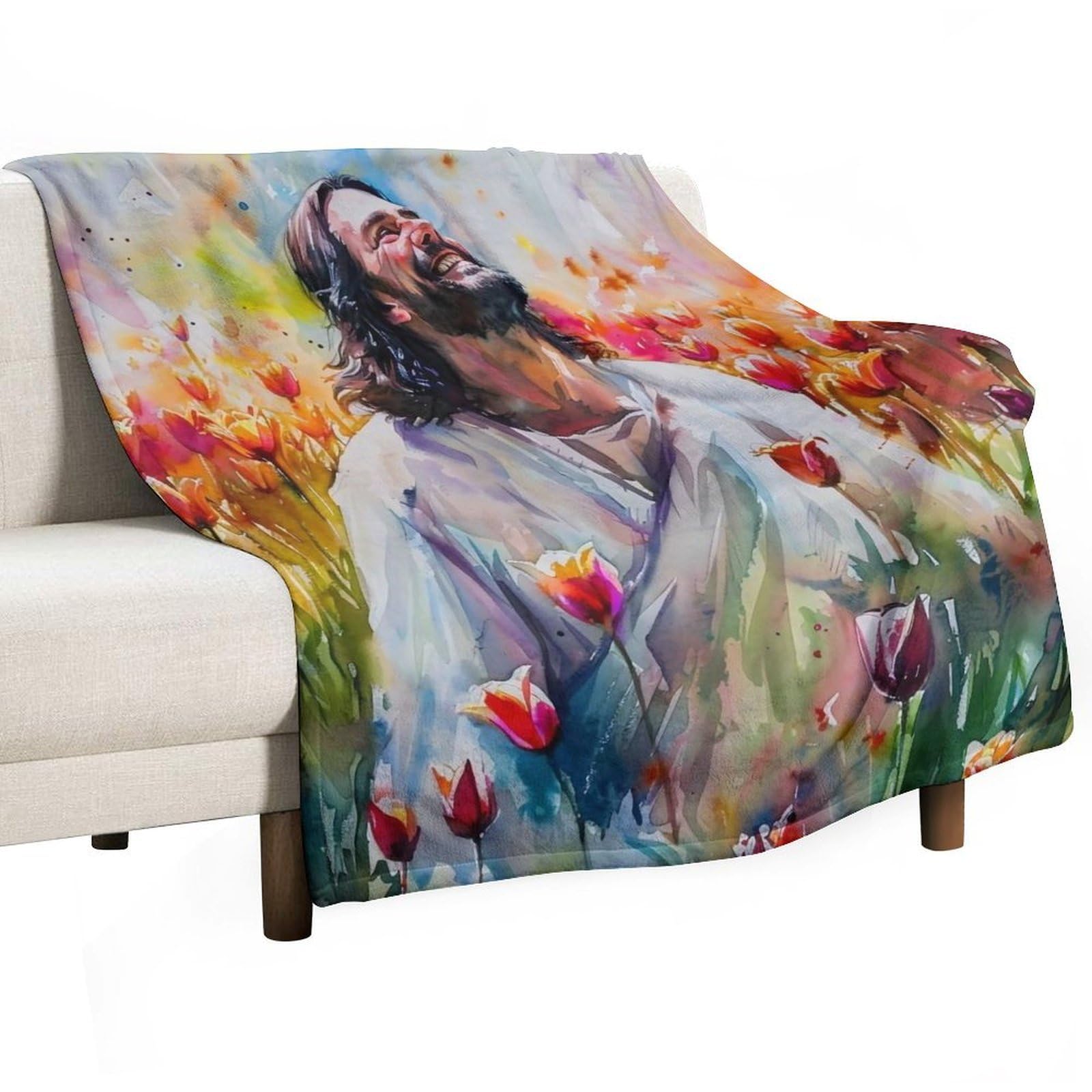 YHGSREUOH Jesus in Tulip Field 03 Flannel Blankets Fleece Soft Throw Lightweight Plush Gifts for Couch, Bed, Cozy Sofa Plush, Chair, Lovers 130x150cm(50x60in)