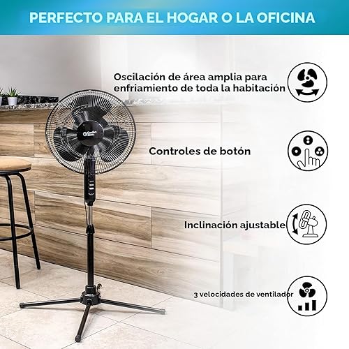 Miniatura 2 de Comfort Zone CZST161BTEBK Ventilador de pie oscilante de 16 pulgadas, opciones de 3 velocidades, cabezal oscilante de 90 grados, altura y