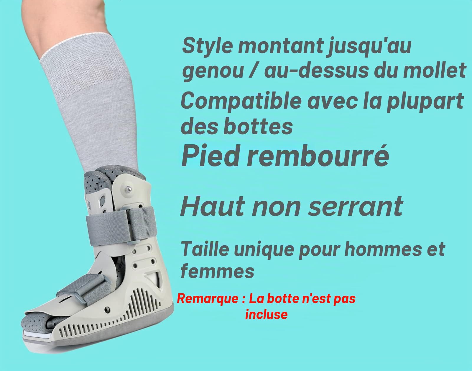 Lot de 2 paires de chaussettes de rechange pour bottes orthopédiques, chaussettes tubulaires pour chaussures de marche Air Cam et fracture - Gris