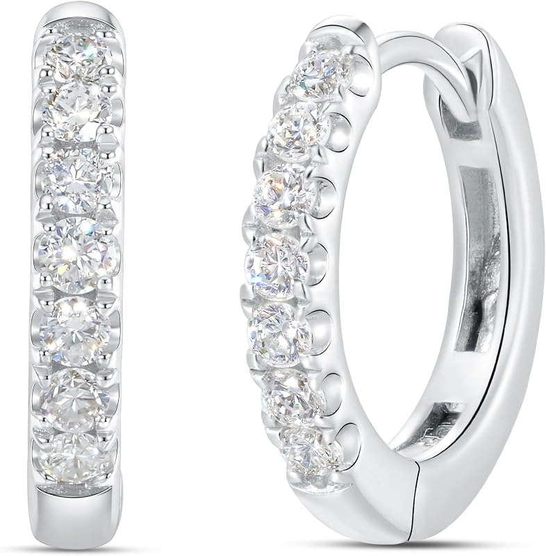 Round Lab Grown Diamond Hoop Earrings for Women, S925 Sterling Silver 18K White/Yellow Gold Plated 1/4-1/3 Carats with Hinged Clasp Earrings, VS1 Clarity D Color 8/10/12mm Jewelry Gifts for Women