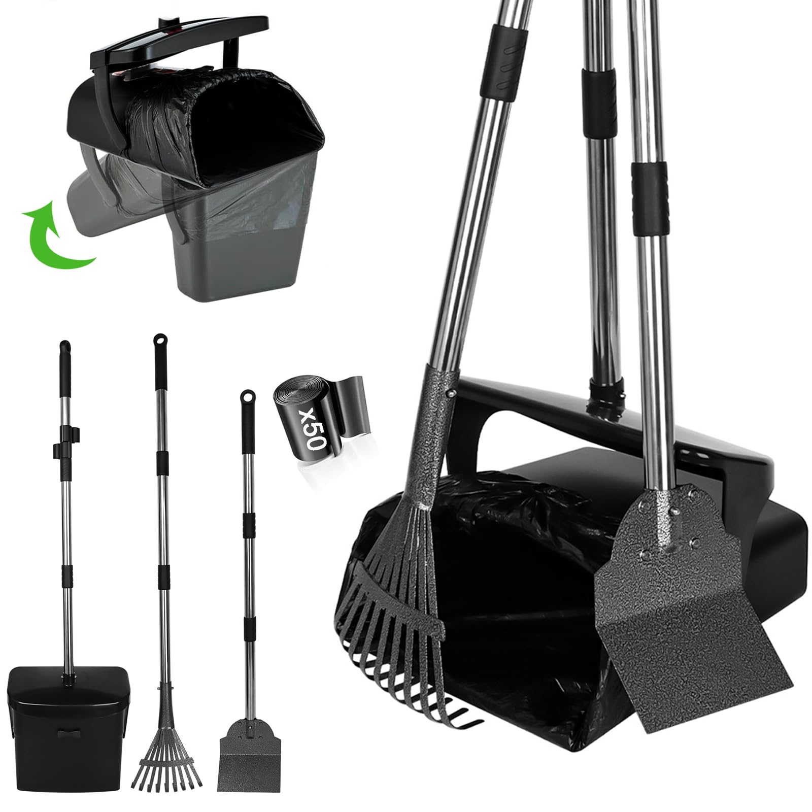 Long Manche Pelle à Déjections Canines et Râteau & Collecteur Pivotante | Acier inoxydable, Sans se baisser, Anti-odeurs, 50 sacs inclus, Pour jardin, cour et promenade quotidienne, Facile à Nettoye