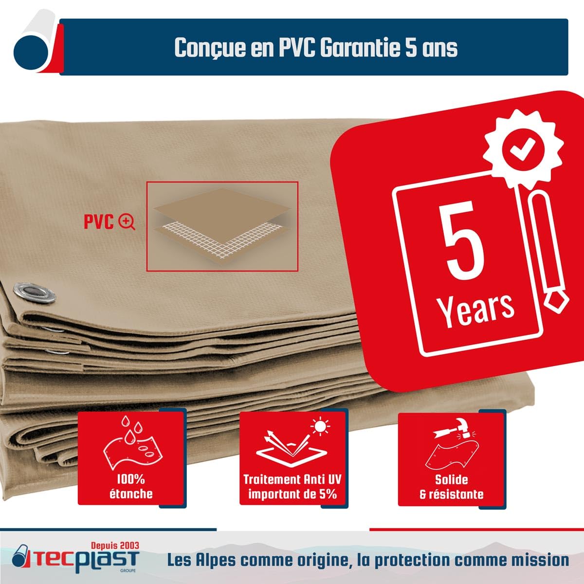 TECPLAST Pack Toile Pergola Beige foncé 3x4 m + Sandow Ivoire 20m - Bâche Pergola prête à Poser LP506PR Garantie 5 Ans