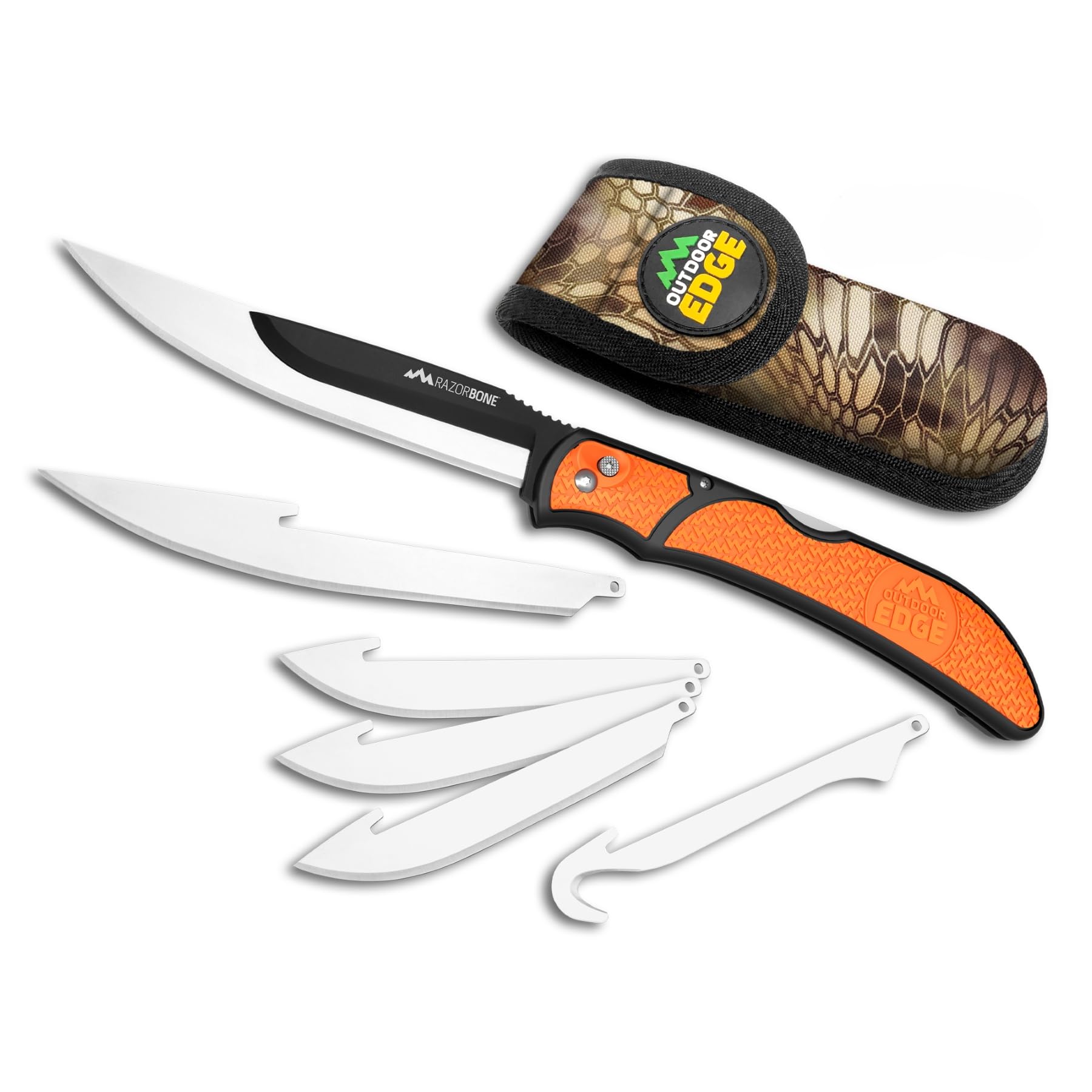 RazorBone Replaceable Blade Folding Hunting Knife with Clip & Sheath, 3 Butcher Knife Blade Styles - Boning, Gutting, & Skinning Knives. Blaze Orange, Camo Sheath, 6 Blades & Blade Box