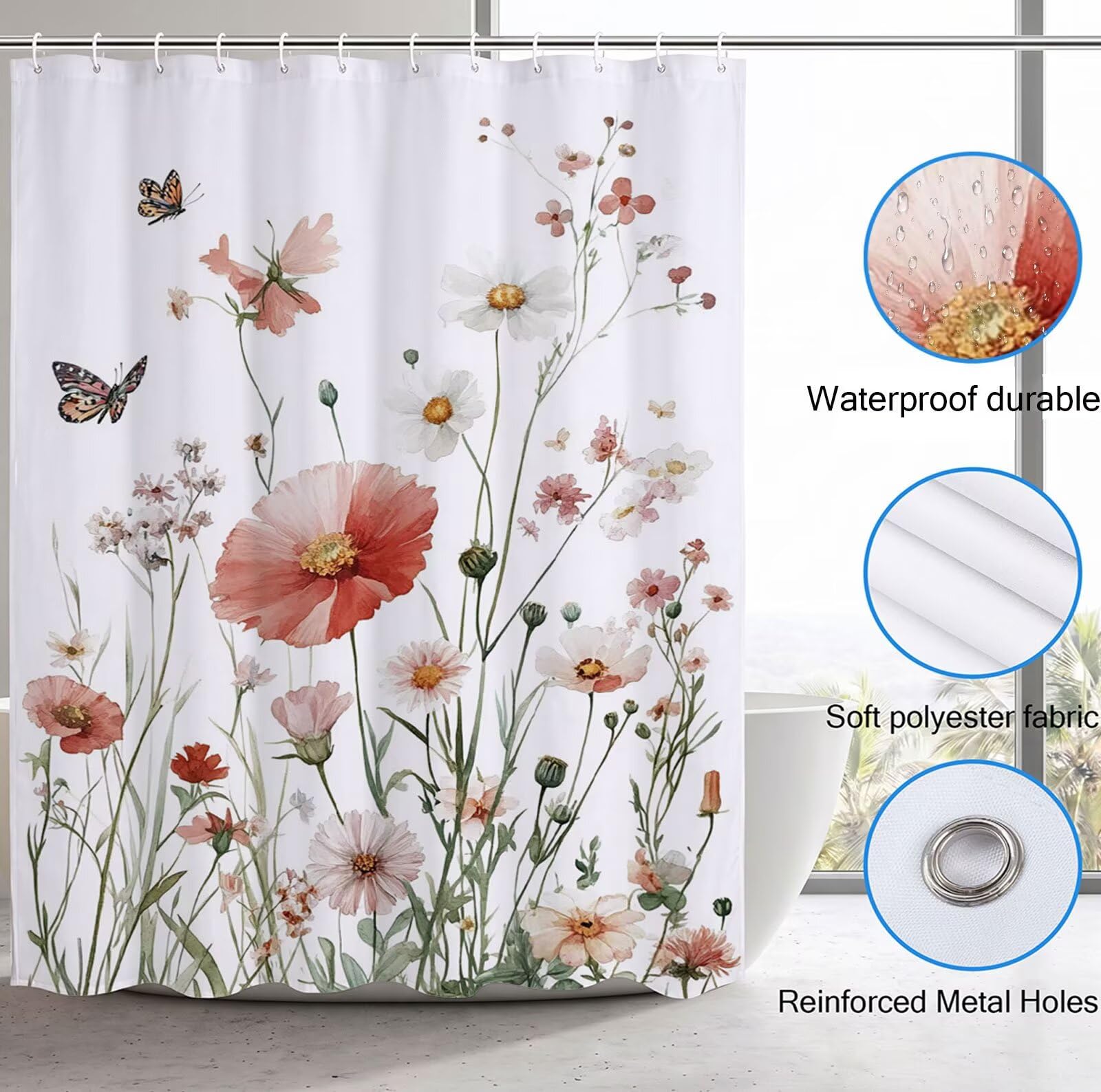 Rideau Douche Blanc Rideau de Douche Anti Moisissure Imperméable Tissu Polyester Shower Curtain avec Ourlet Inférieur Lesté, 12 Crochets Lavable Shower Curtain pour Décor 220 x 200 cm Plantes 3Y#177