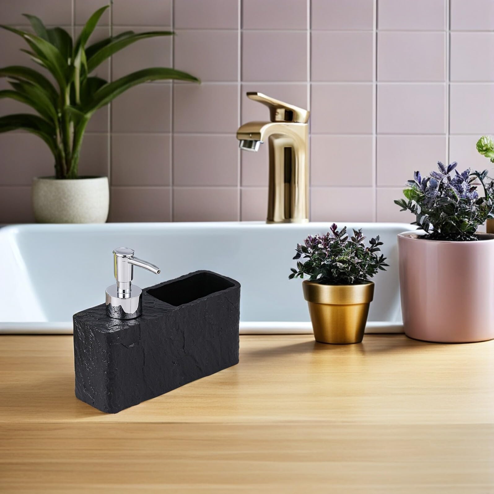 TOYANDONA Distributore di Detersivo Liquido per Piatti in Resina con Pompa Ricaricabile e Porta Spugna Integrato Organizer Portasapone da Cucina e Bagno Effetto Pietra Dispenser Multiuso