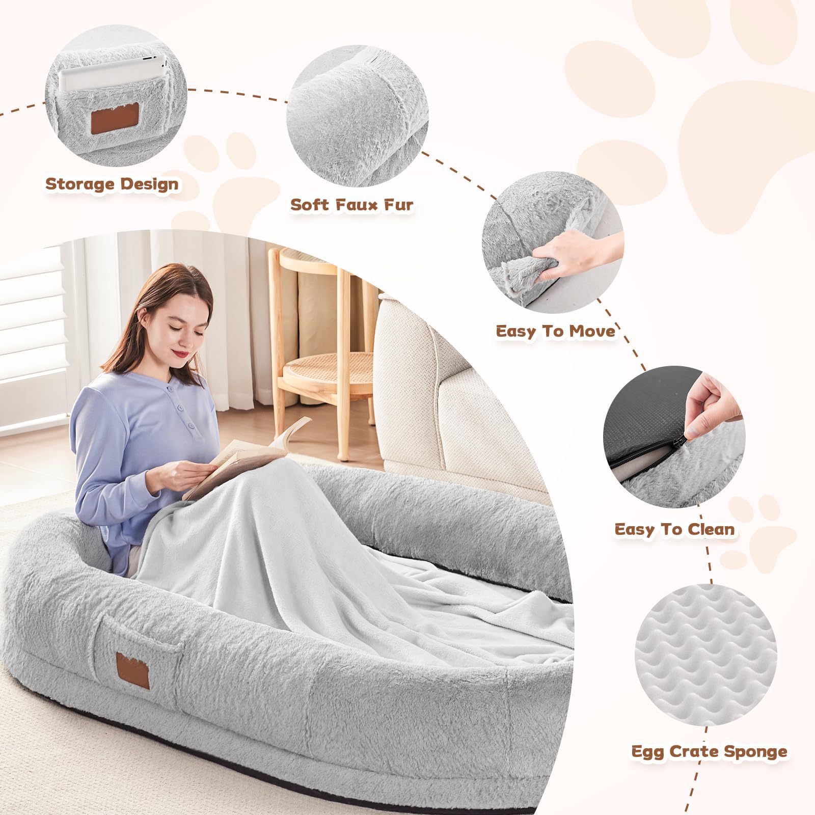 Lit pour Chien et Humain pour Adultes, 180 x 122 x 25 cm - Grand Sac de Haricots avec Couverture, Lit Ovale Lavable en Fausse Fourrure, Mousse à Mémoire Détachable de Grande Taille, Lit pour