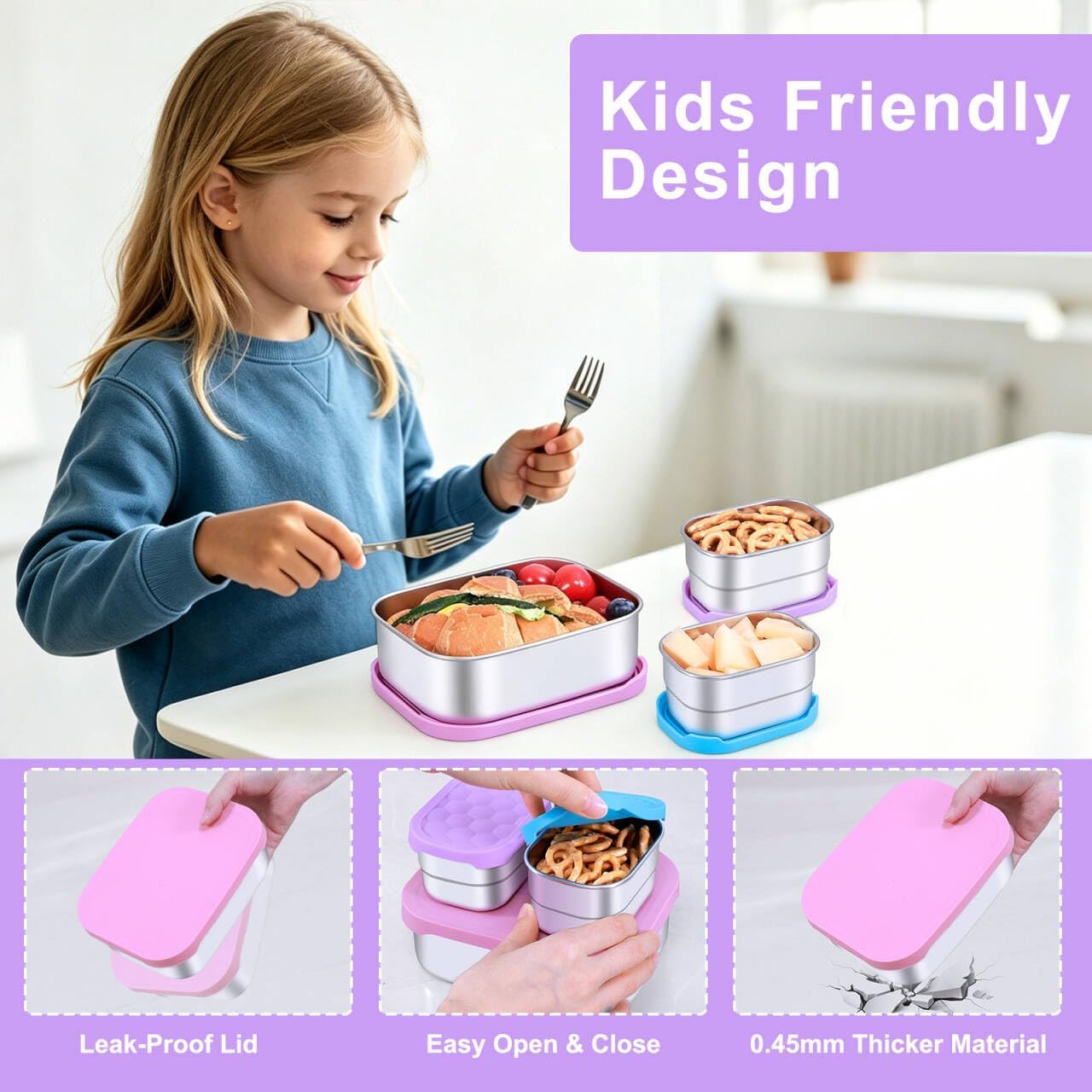 Caperci 3-Pack Kid Stainless Steel Bento Box, Metal Food Container BPA-Free