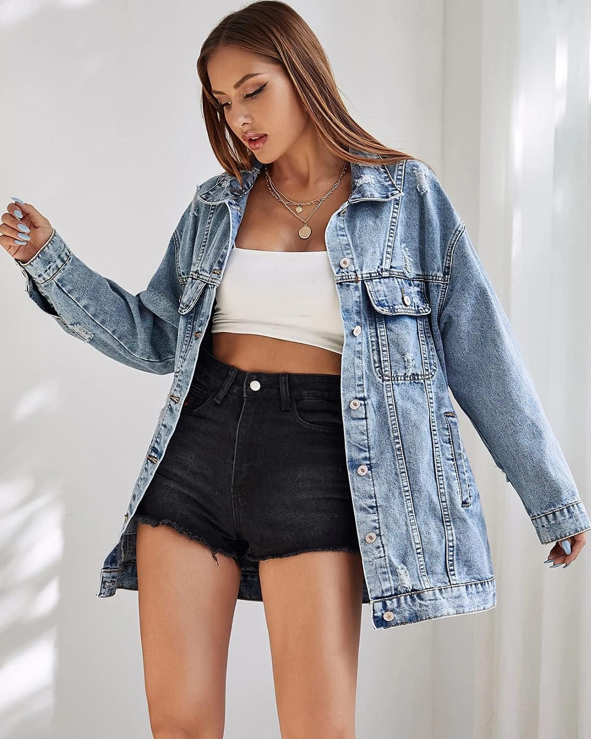 Women Casual Oversize Denim Jackets Mid Long Vintage Ripped Jean Coats