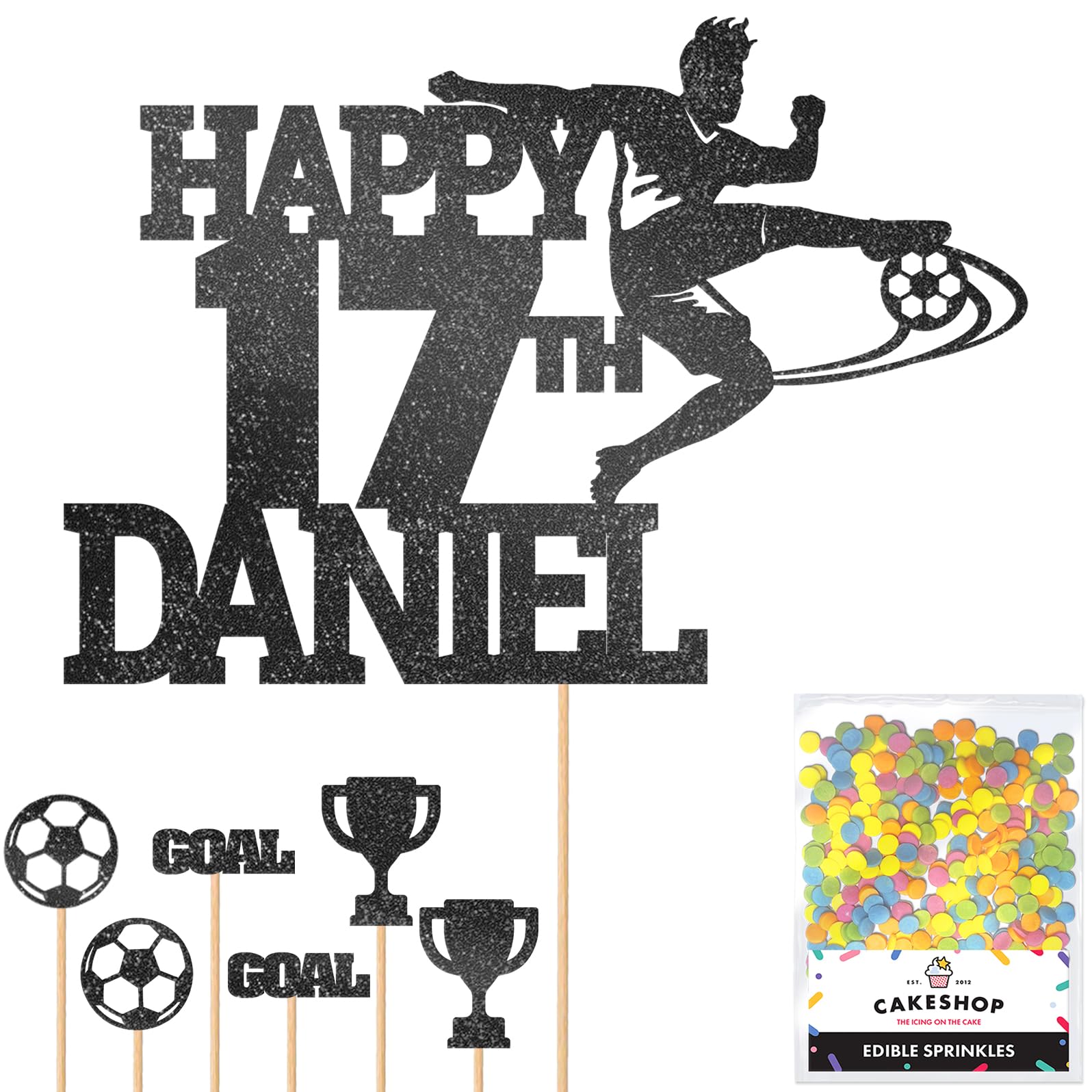 Personalised Birthday Football Footballer Cake Topper- Black Any Name & Age Glitter Cake Decoration and Sprinkles - Happy Birthday Decorations - Personalised Toppers for Cakes by Cakeshop
