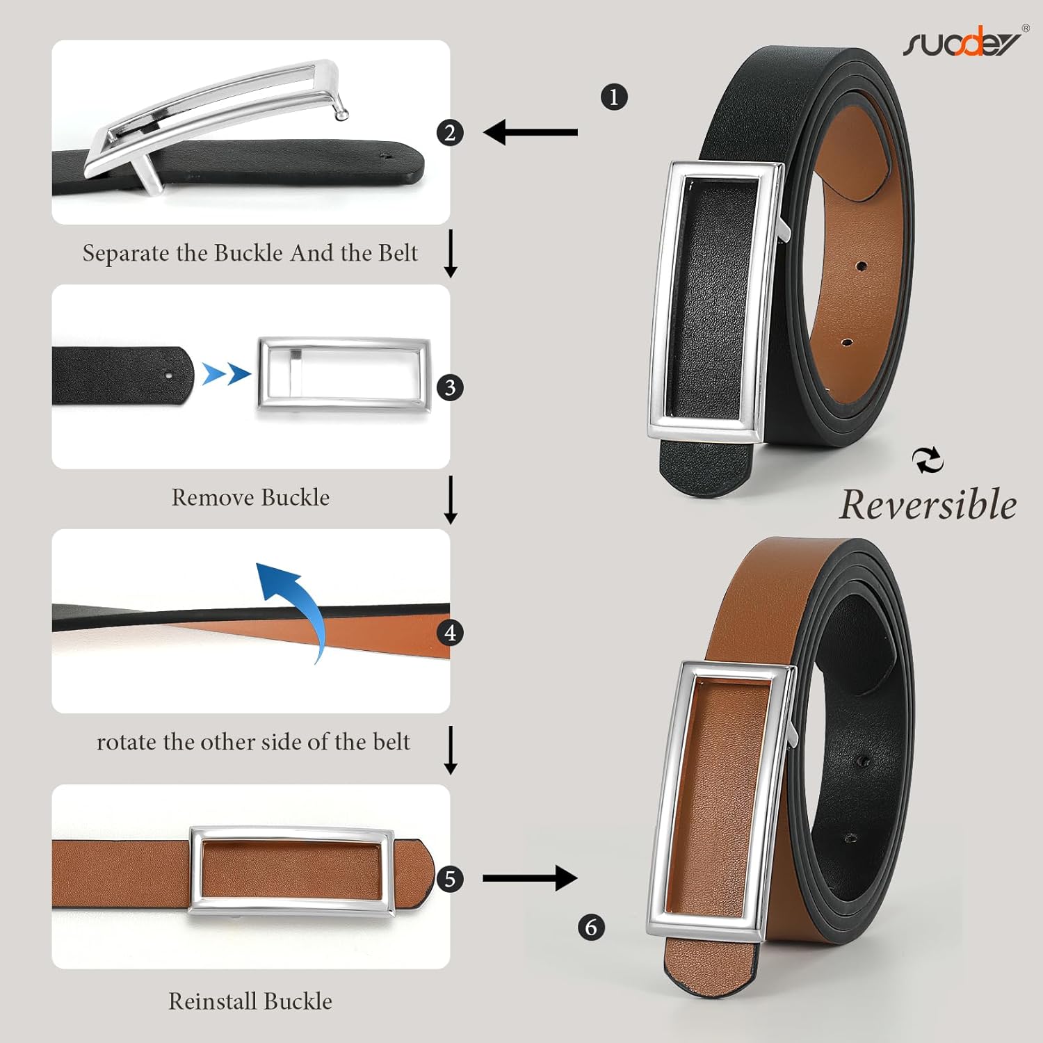 SUOSDEY Women Reversible Leather Belts for Jeans Pants Dresses Ladies Fashion Belts with Gold Buckle, 0.9" Width - Image 4