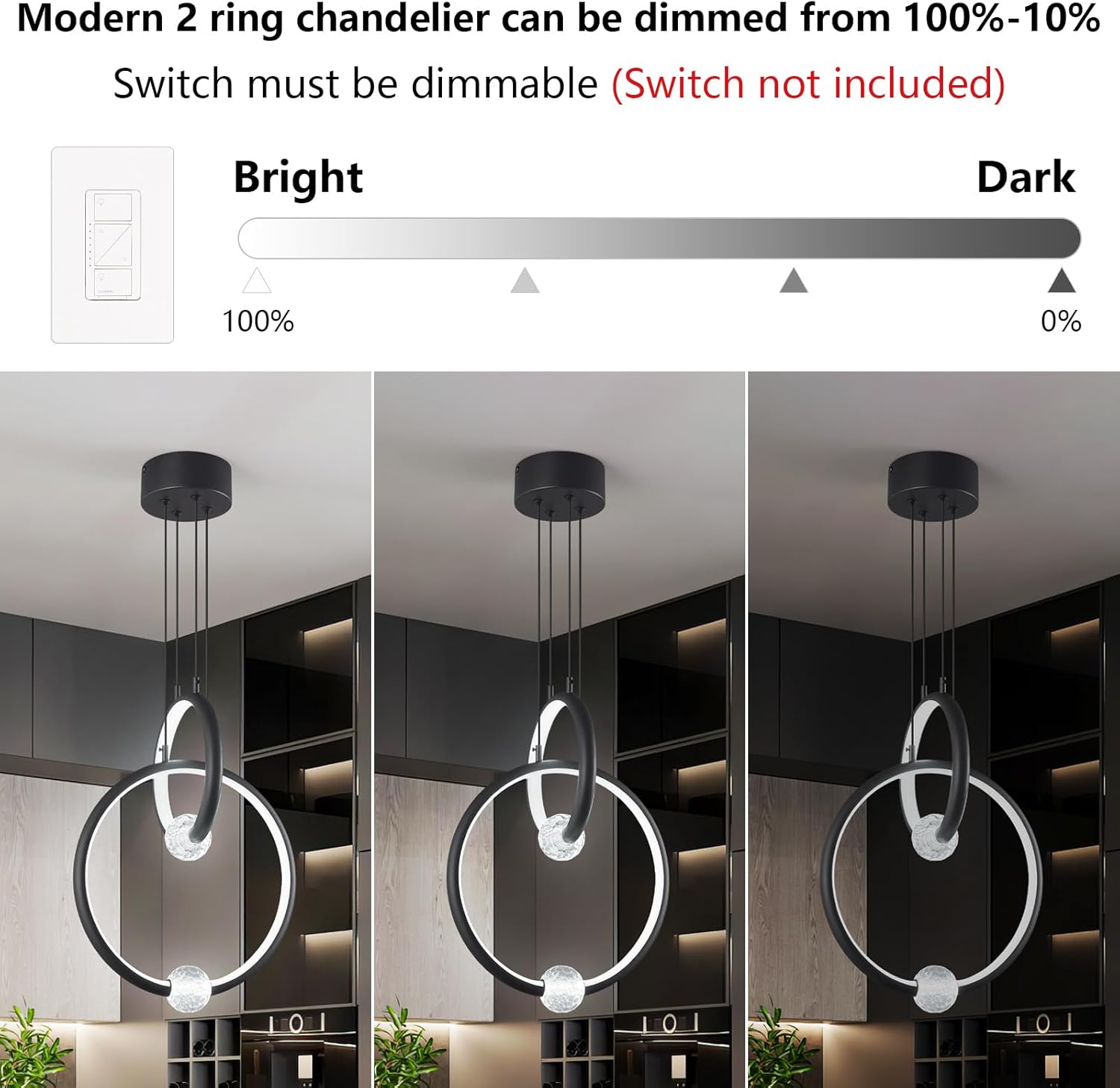 Modern Chandelier Light Fixture,2-Ring Dimmable LED Pendant Light 6000K,Adjustable Height Ceiling Hanging Light Black Pendant Lights Kitchen Island Dining Room Bedroom