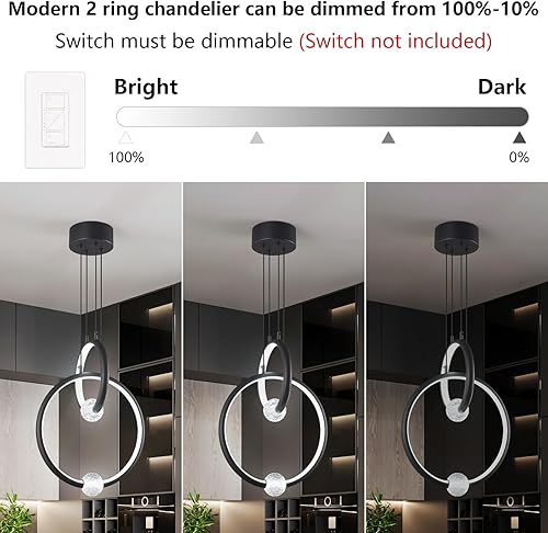 Miniatura 5 de Lámpara de araña moderna, lámpara colgante LED regulable de 2 anillos de 6000 K, altura ajustable, luz colgante de techo, luces colgantes negras,