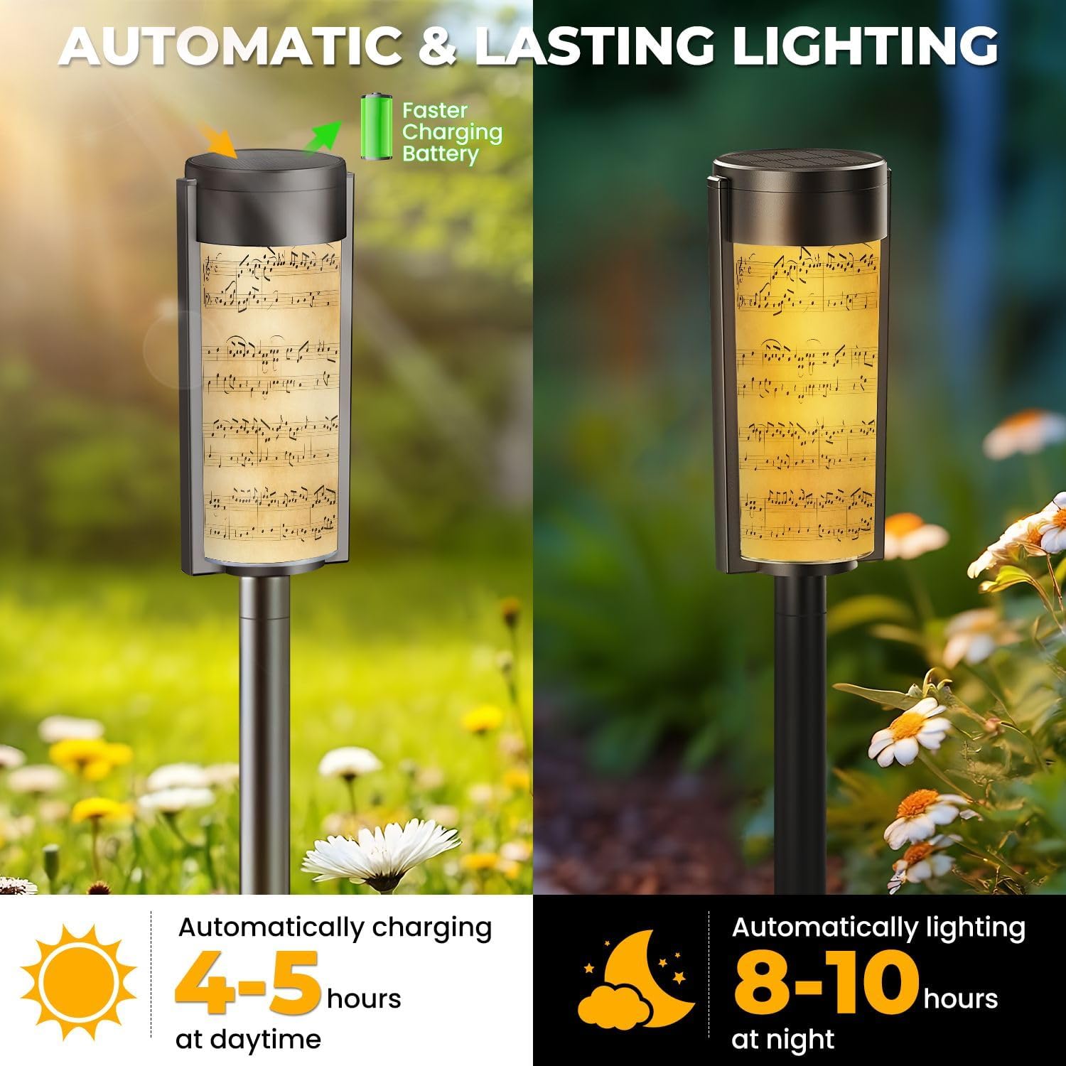 4 Pack Solar Pathway Lights Outdoor Waterproof Abstract Music Old Paper Seamless Solar Garden Lights LED Landscape Lighting for Yard Walkway Lawn Garden Decor