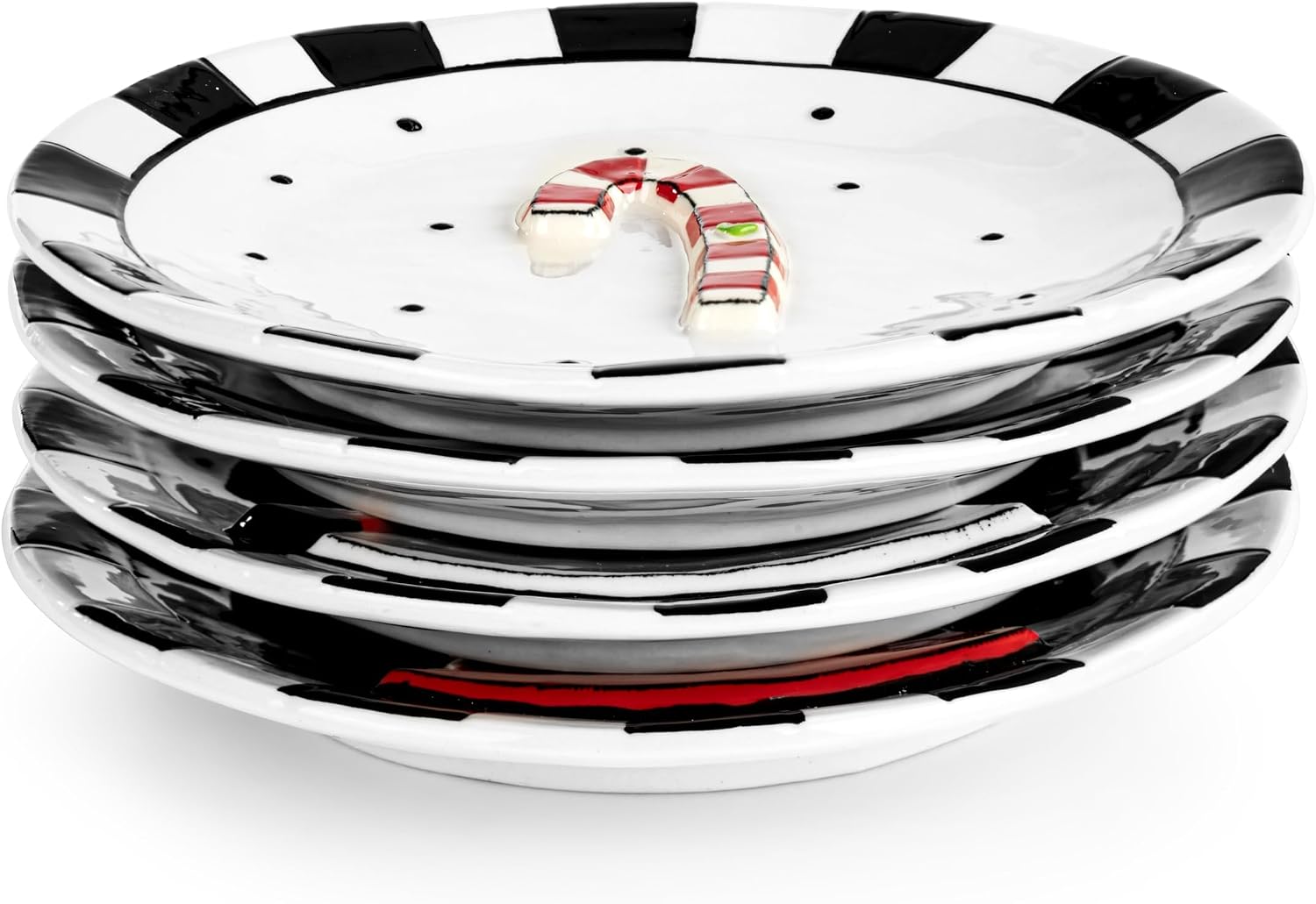 DEMDACO Heartful Home Holiday Black, White Striped 6.5 Inch Ceramic Stoneware, Christmas Tabletop Décor, Round, Appetizer Serving Dish Plate, Set of 4, Snowman, Santa, Tree, Candy Cane