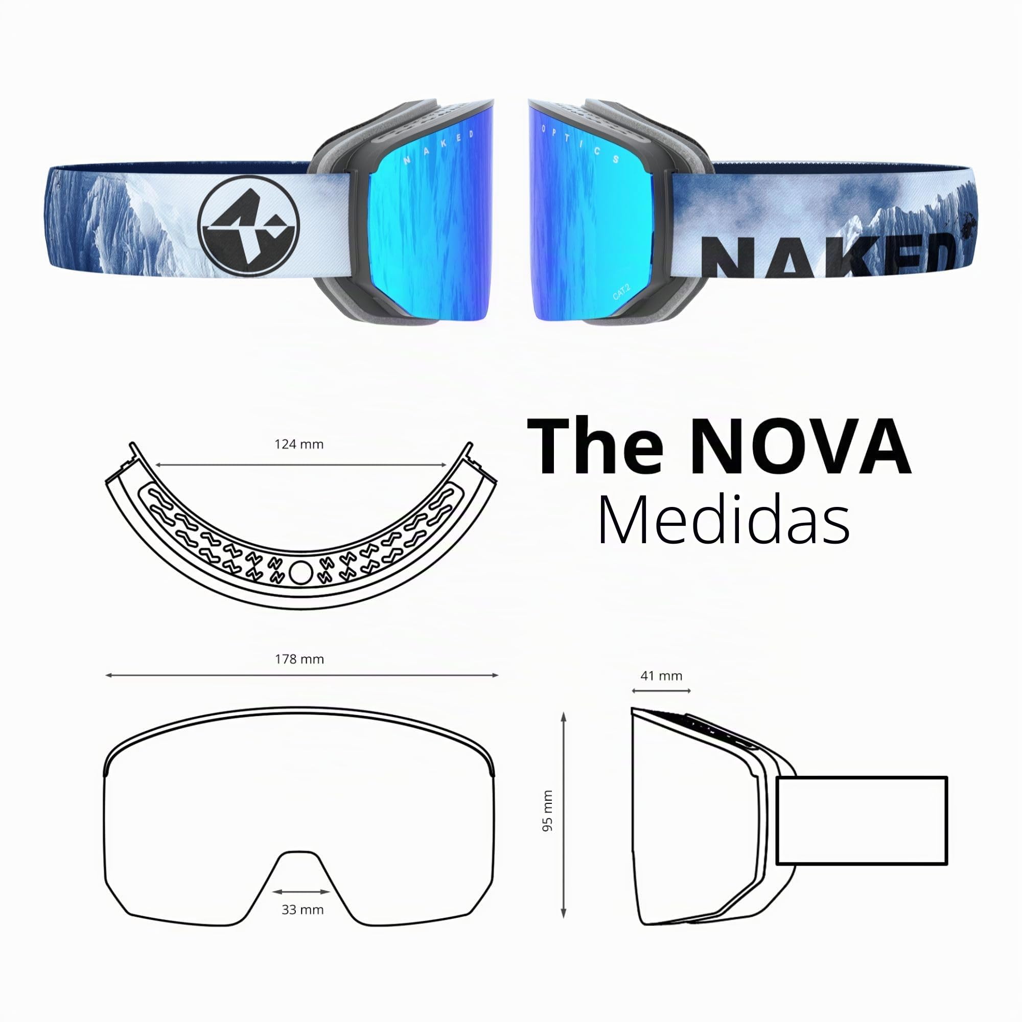 NAKED Optics The NOVA Gafas de Esquí para Hombres, Gafas de Esquí para Mujeres, Gafas de Snowboard (NOVA Steep, + lente para mal tiempo incluido)