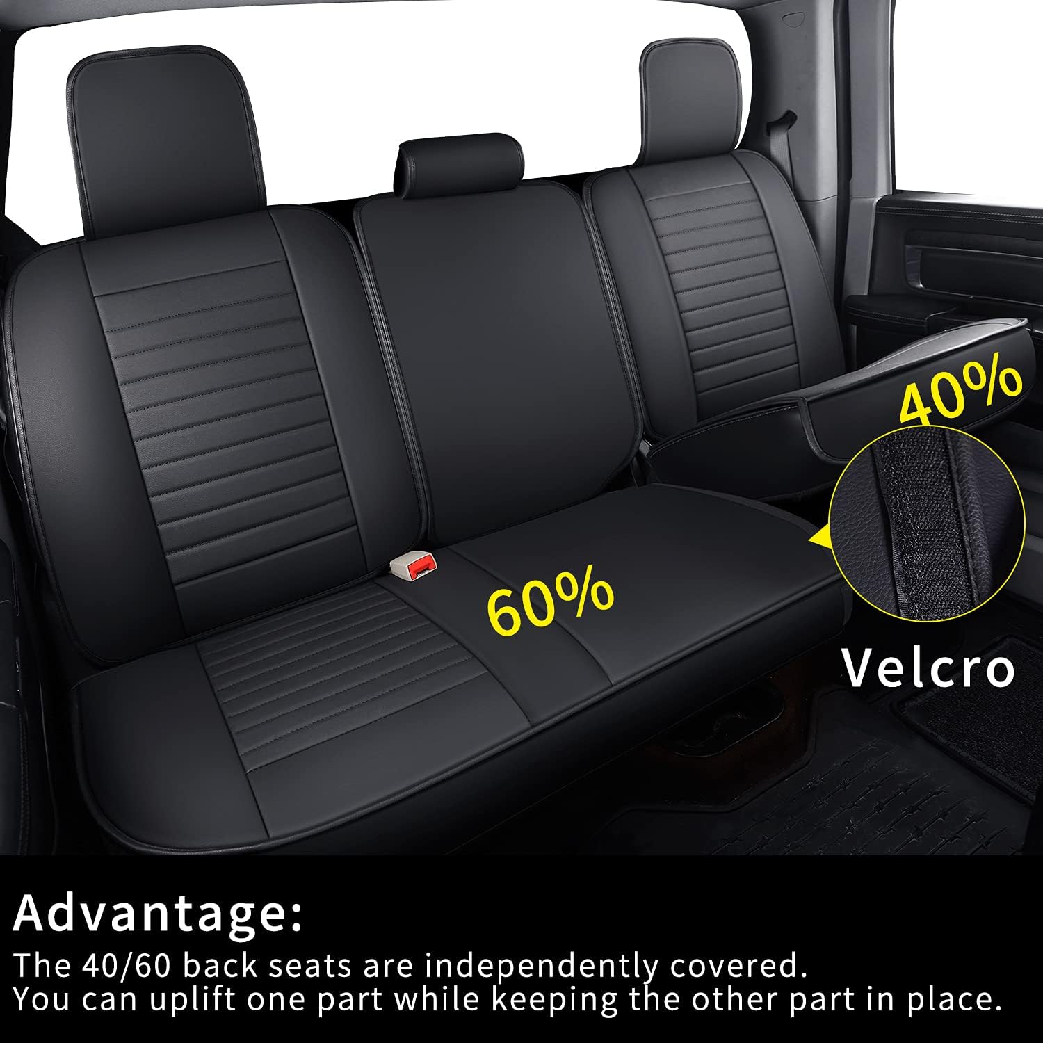 LUCKYMAN CLUB X02-BHX Rear-only Seat Covers for Selected 2011-2025 2026 Crew Quad Cab Ram Truck 1500 2500 3500,Fit 60/40-Split Flat Back Bench Seat, with Waterproof Faux Leather (02-Rear, Black)