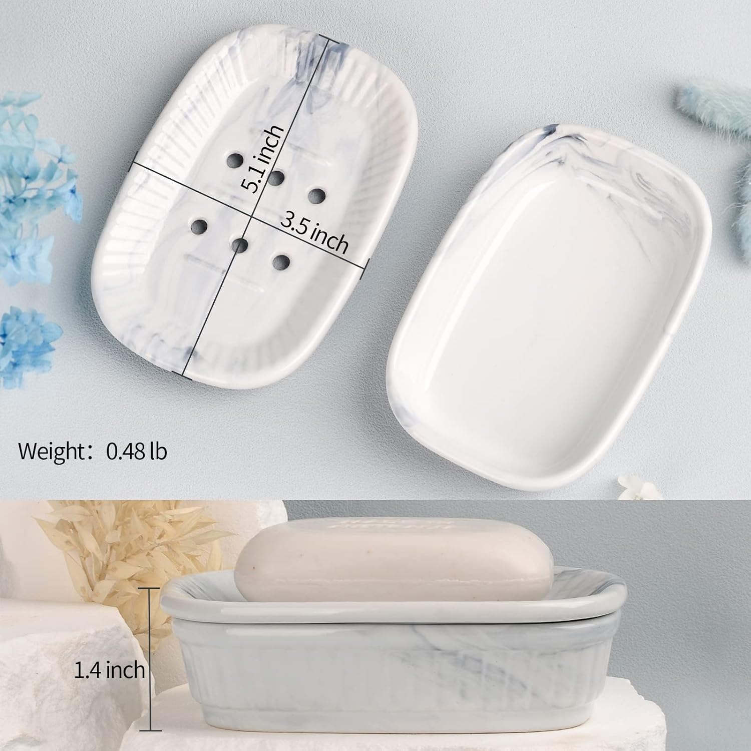 ANTIS'S HOME Marble Blue Double Layer Ceramic Self Draining Soap Dish Bathroom image 4