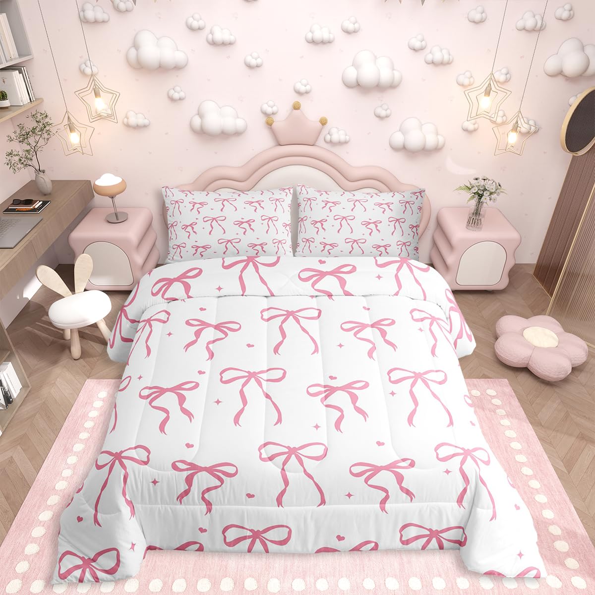 Erosebridal Coquette Ribbon Comforter Set Pink Bow Bedding Set Full for Watercolor Bow Down Comforter for Kids Teens Child Pink Room Decor Reversible