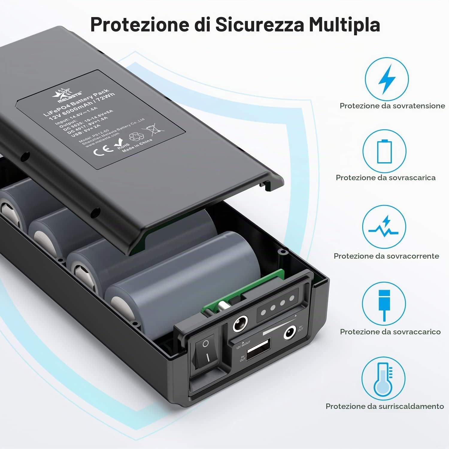 melasta LiFePO4 12V Powerbank 5V 9V 6000mAh Batteria con Caricabatterie | Powerbank con LED Display per Smartphone, Striscia LED, Telecamera di Sorveglianza, Mini Ventilatore, Piccolo Altoparlante