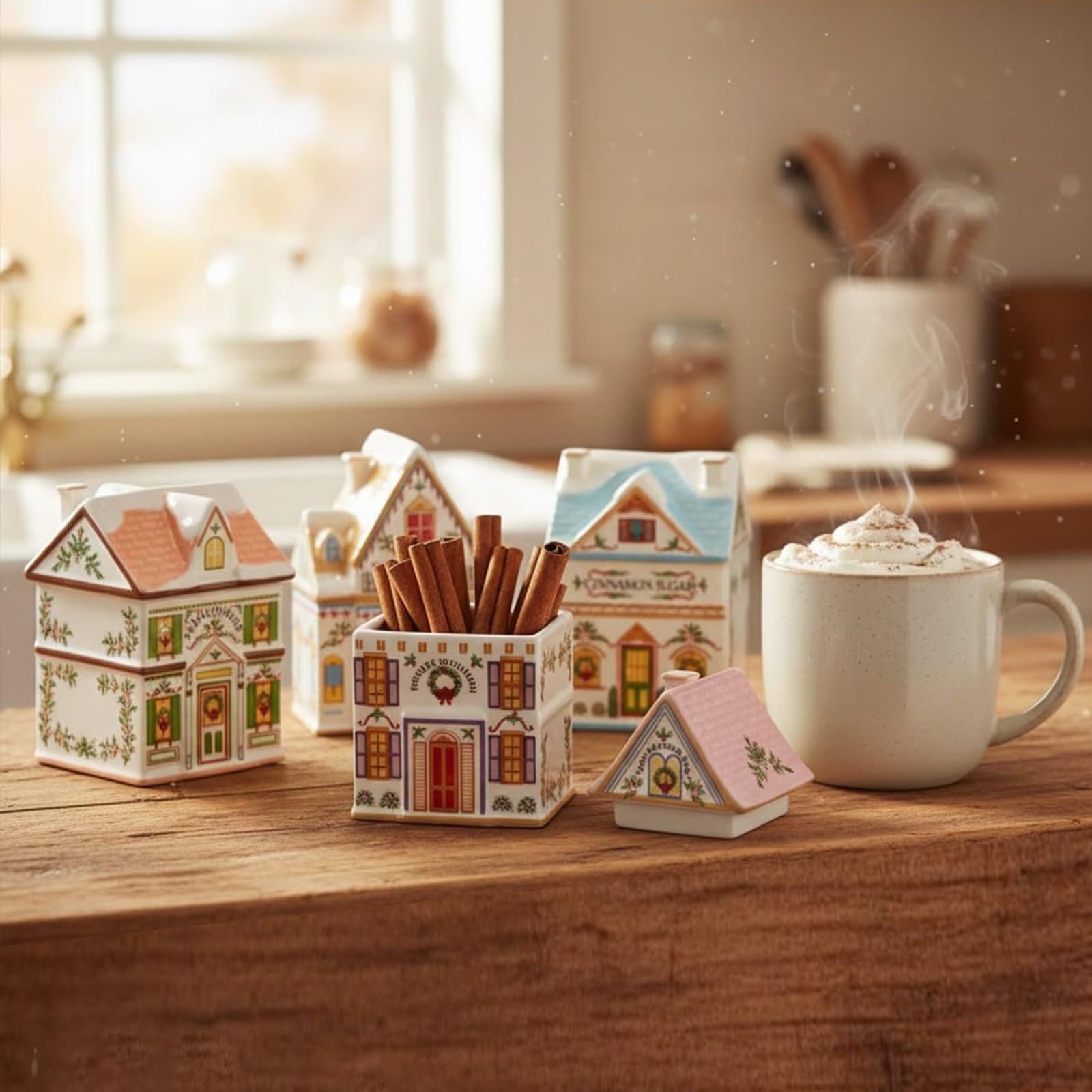 6-teiliges Mini-Weihnachts-Gingerbread-Häuser Gewürzdosen-Set aus Harz im Vintage-Stil, Festliche Dekoration für die Küchenarbeitsplatte, Klassische Gewürz-Dörferkollektion