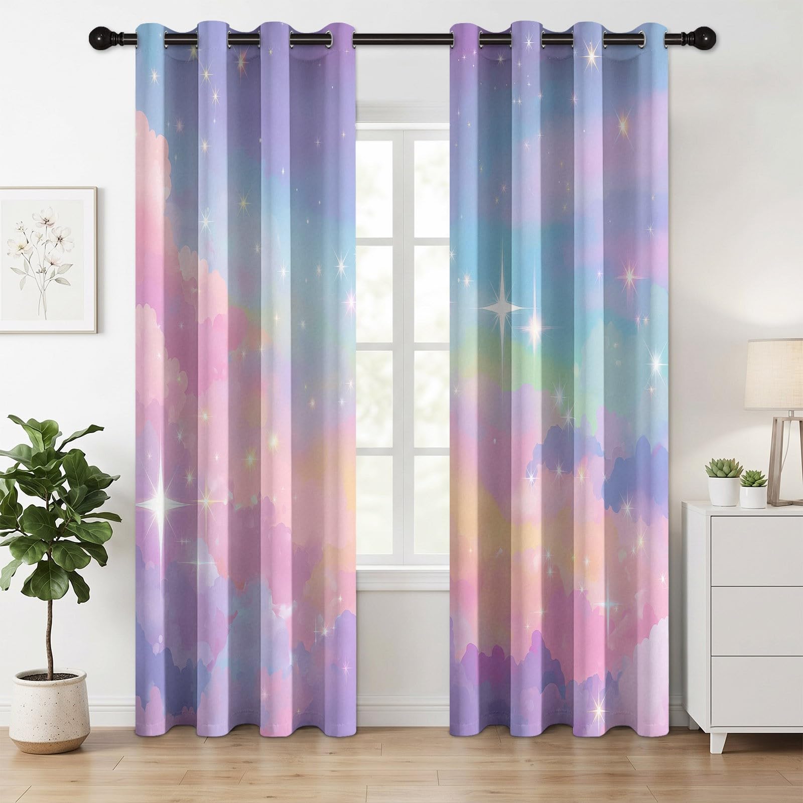 Dziecięca zasłona zaciemniająca z ptakiem termiczna gwiaździste niebo 91,5 x 214 cm Zestaw 2 zasłon z nadrukiem do salonu, sypialni, okna, kuchni, zasłon i zasłon wewnętrznych z oczkami, kolor