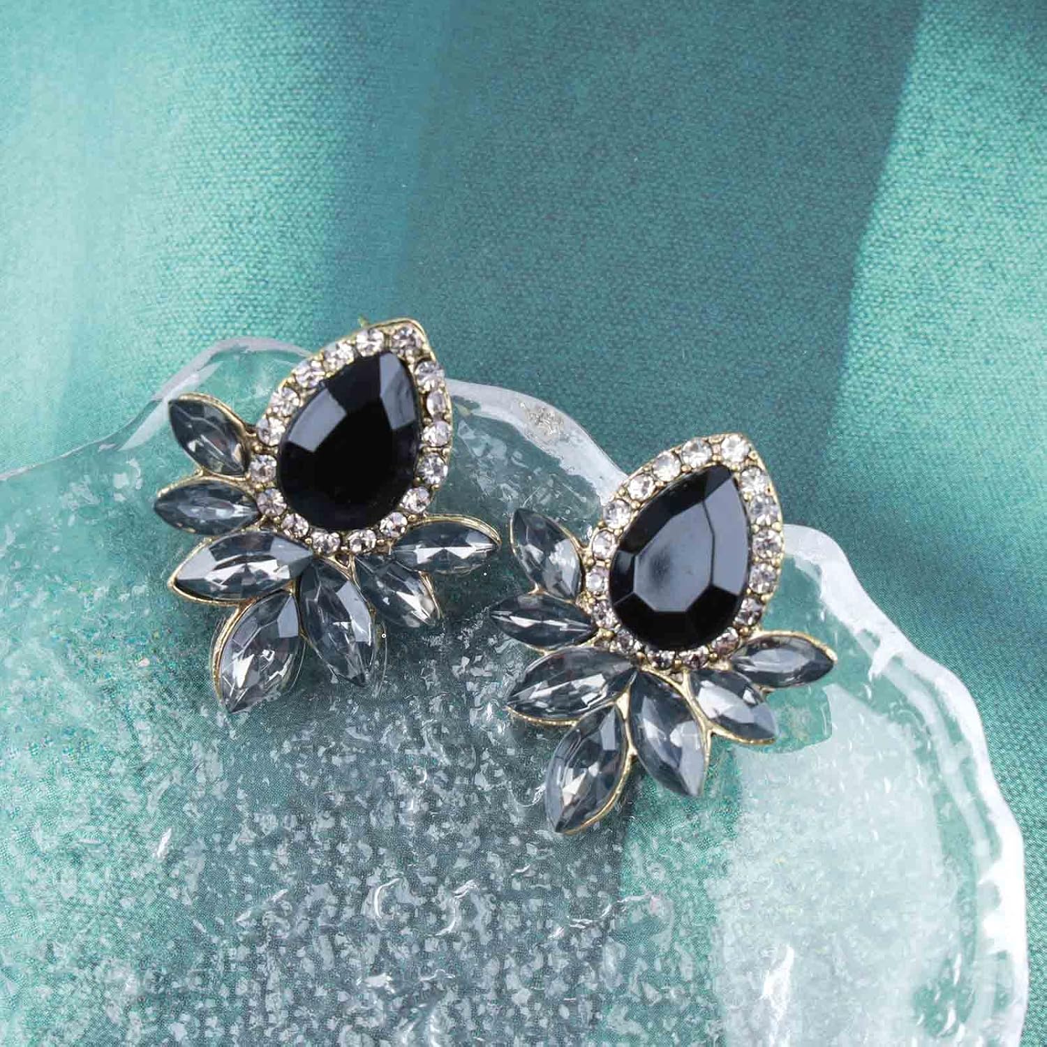 Vintage Black Teardrop Earrings Shinning Crystal Flower Earrings Black Rhinestone Stud Earrings Halo Cz Earrings Jewelry for Women and Girls - Image 3