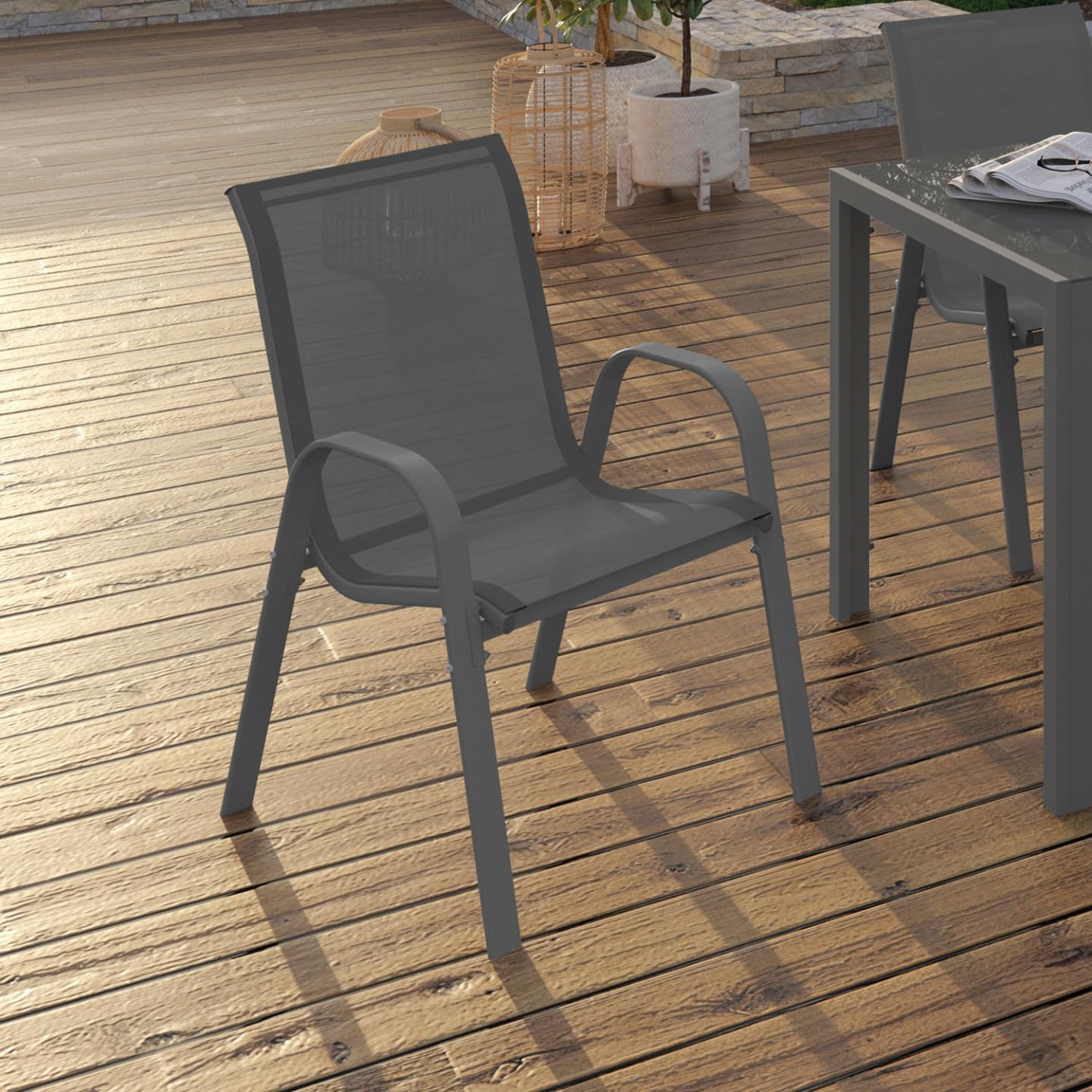 Set Di 6 Sedie Da Giardino Impilabili Amopatio - Schienale Alto, Textilene, Metallico, Nero - Foto 2