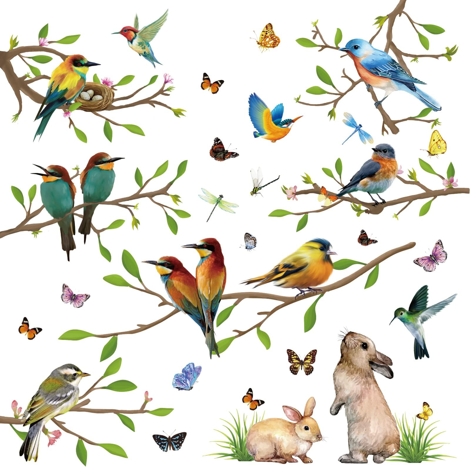 9sheets Spring Summer Window Stickers for Glass Bird Bunny Butterfly Branch Double Sided Easter Window Clings Stickers for Kids Room (Realistic)