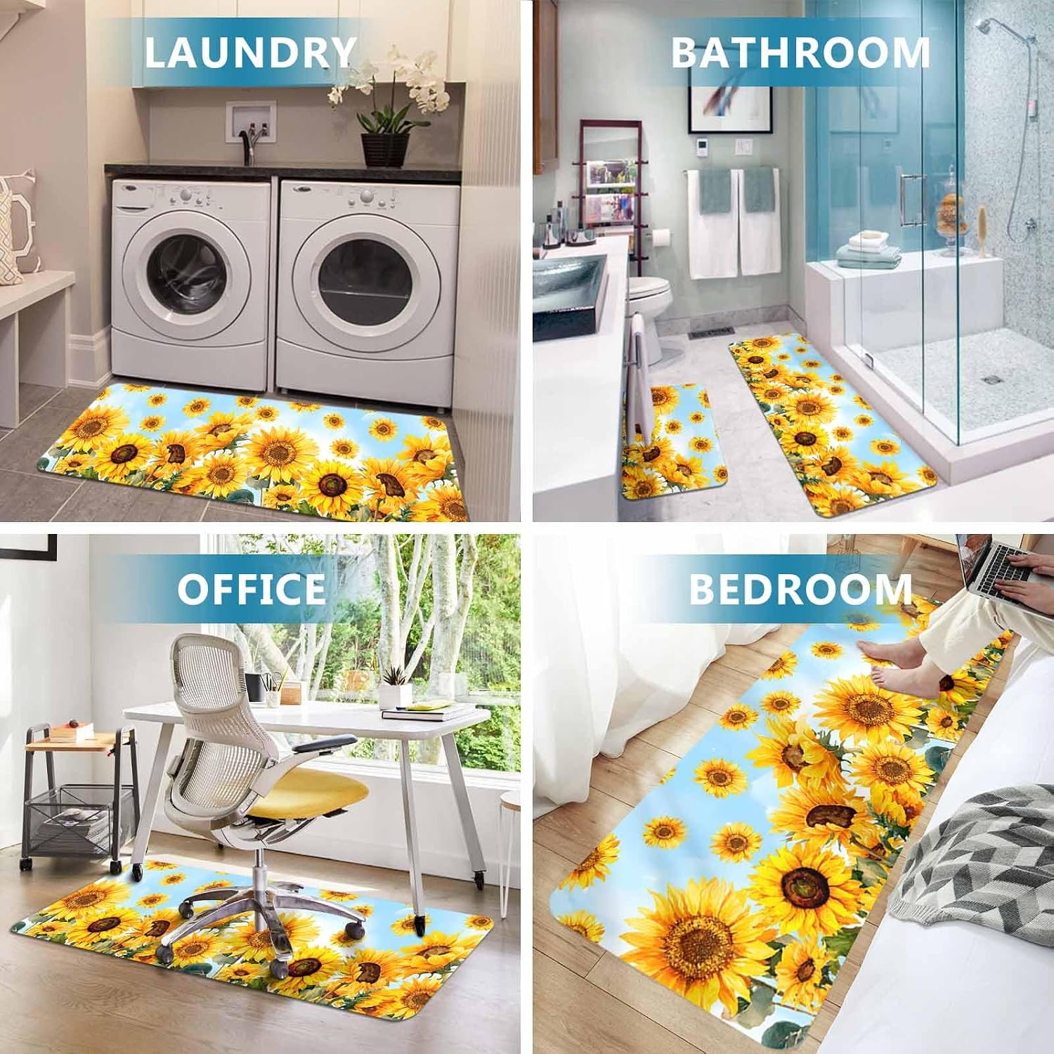 Prime Leader Summer Sunflower Kitchen Mat Set 2 Pieces Watercolor Flowers Blue Sky Farmhouse Non Slip Kitchen Rugs Washable Runner Rug Mats for Sink Laundry (19.7" x 31.5"+19.7" x 47.2")