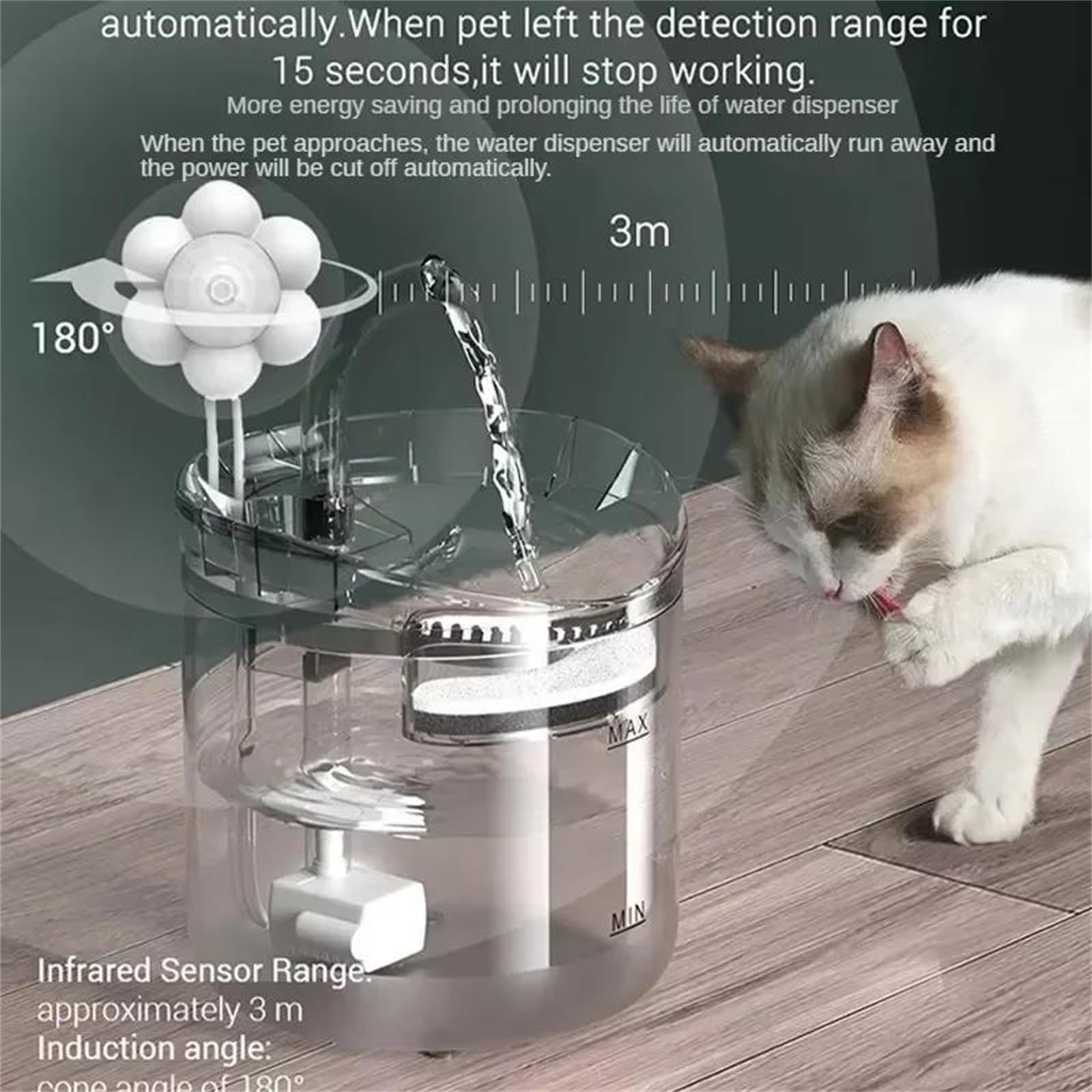 Fuente de Agua Transparente para Mascotas con Filtro Sensor de