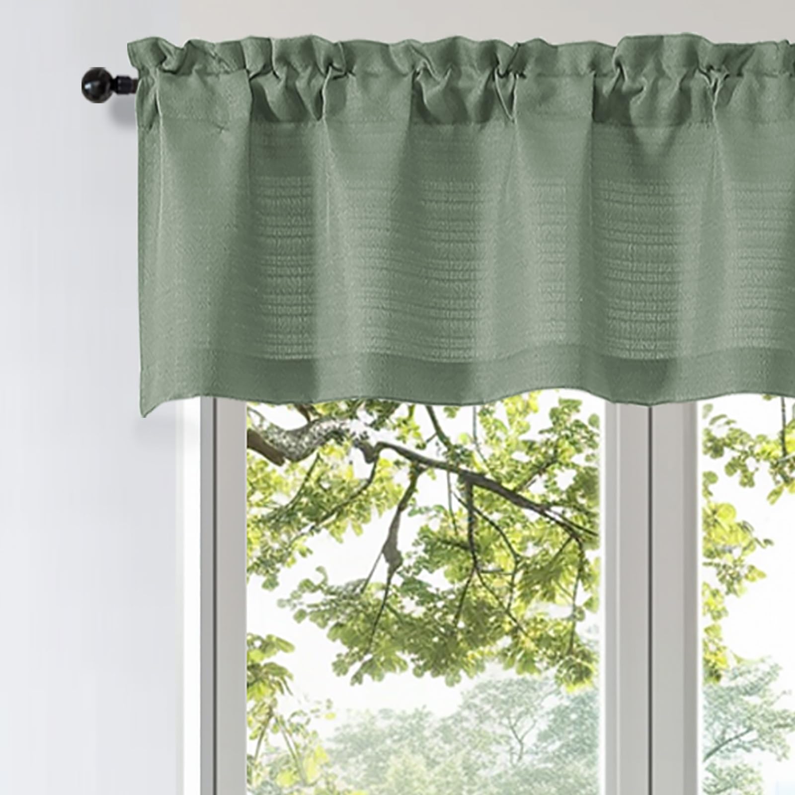 OWENIE Bob Valance Curtains 18 Inch Length 1 Piece, Faux Linen Slub Solid Green Kitchen Valance for Bedroom Living Room, Farmhouse Soft Airy Rod