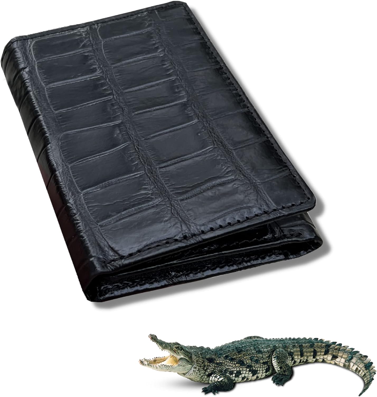 Black Alligator Leather Trifold Wallet Men Crocodile Belly