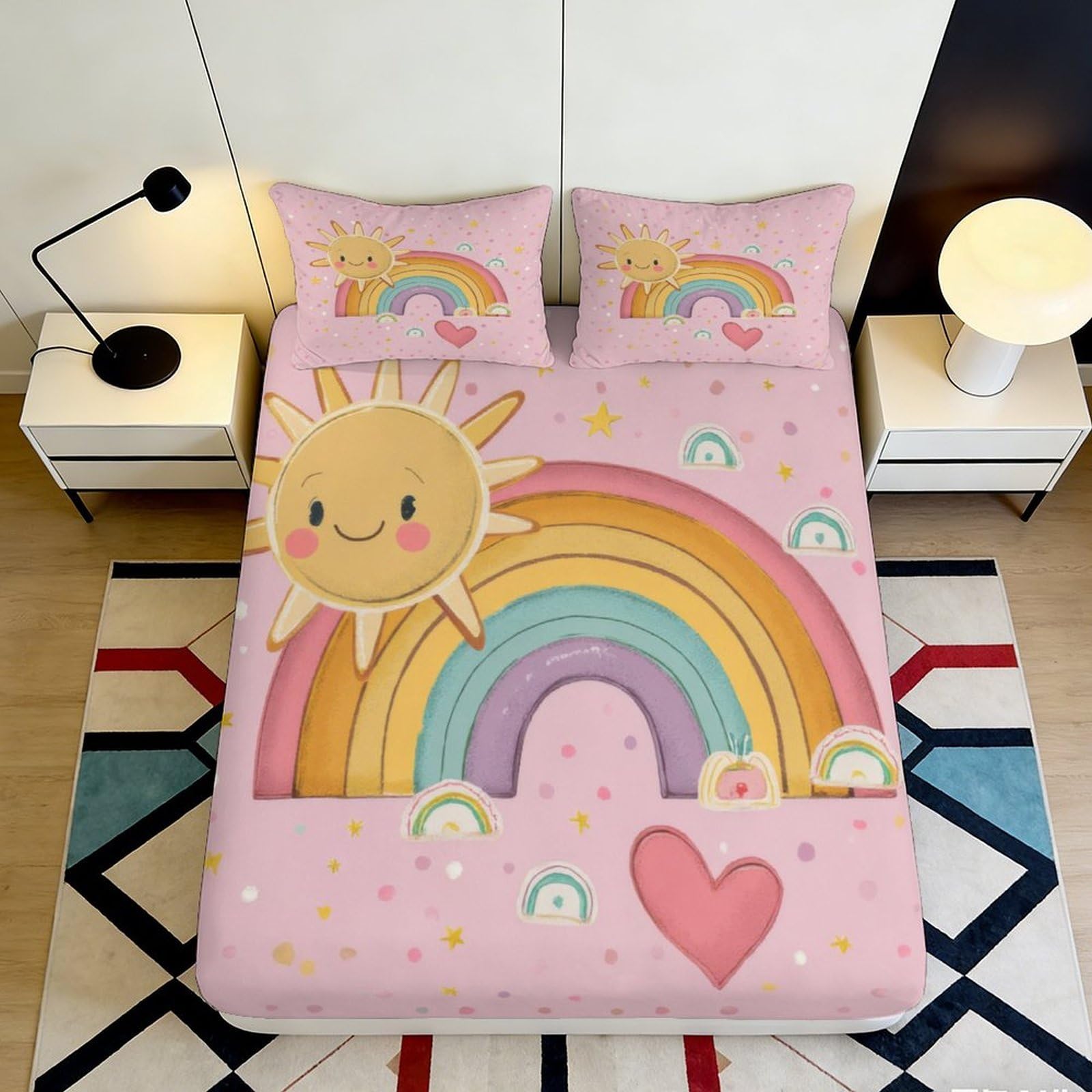 3D Printed Sunshine Rainbow Fitted Sheet Microfiber Pink Cartoon Heart Bed Cover for Bedroom Guest Room Decor 90x200x25cm