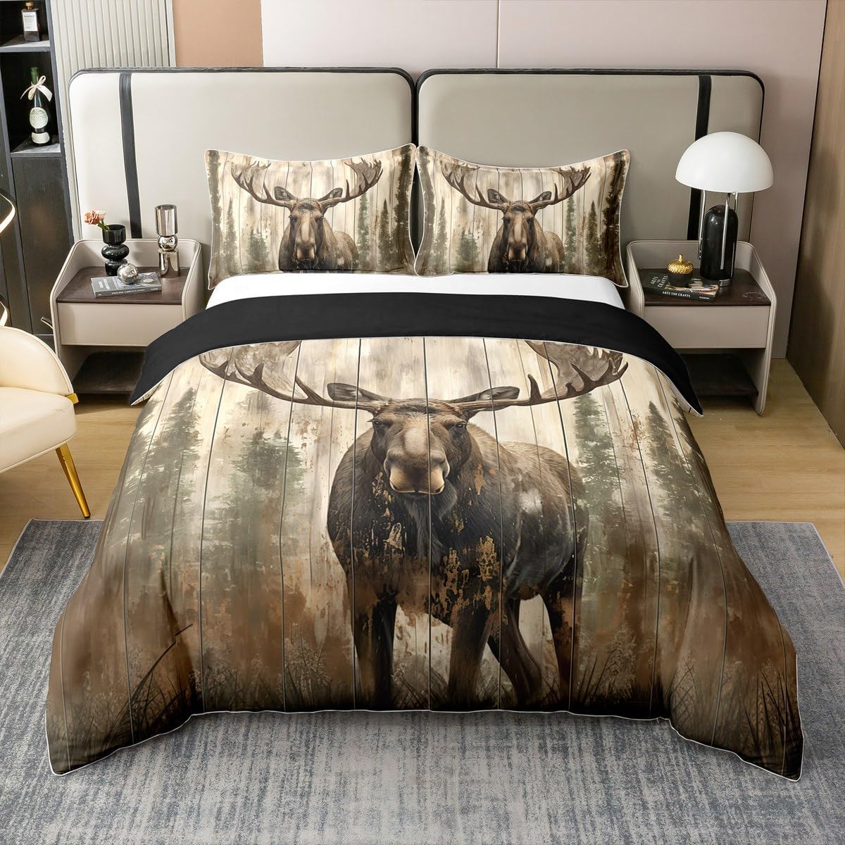 Deer Animals Duvet Cover Full for Kids Boys Teens,Rustic Animals Cabin Decor 3 Pieces Duvet Cover,Jungle Botanical Plants Comforter Cover (Not Comforter),Vintage Farmhouse Style Quilt Cover