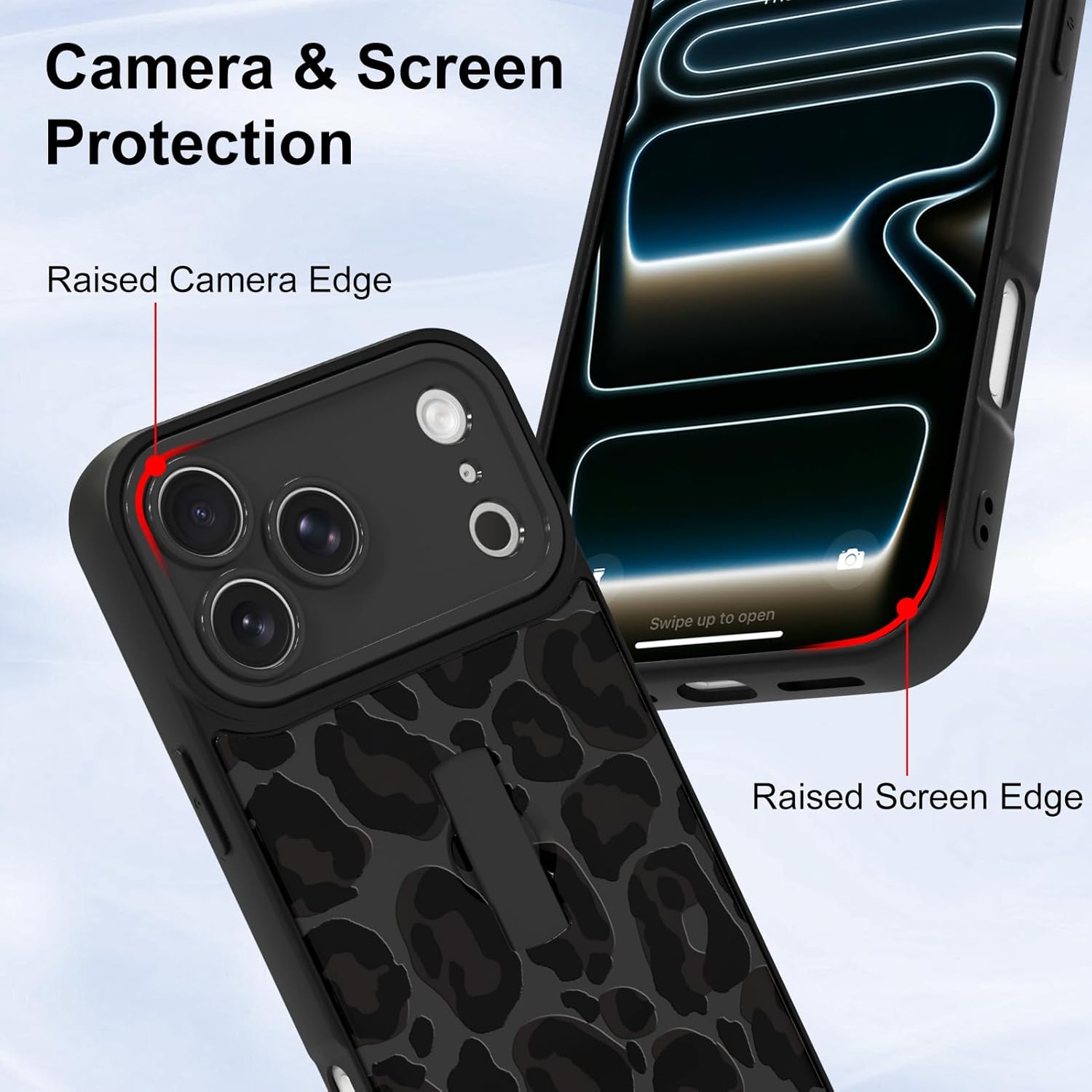 for iPhone 17 Pro Max Case with Finger Strap Kickstand,Luxury Leopard Cheetah Pattern for Women Men,Full Camera Protection Aesthetic Shockproof TPU Design,Black Leopard - Image 2
