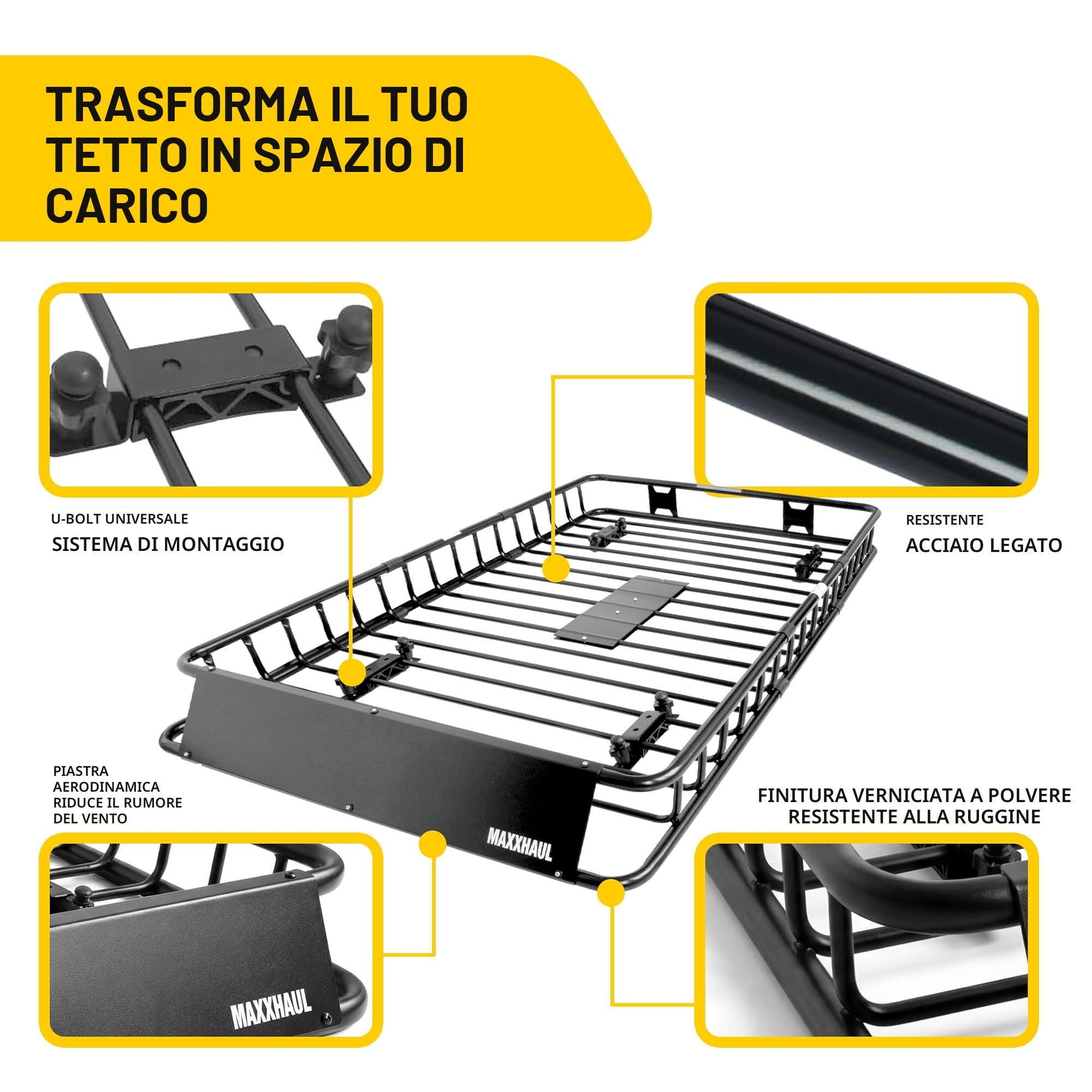 MAXXHAUL 50506 - Robusto portapacchi universale in acciaio per il tetto dell’auto, 162,6 x 99,1 x 15,2 cm, colore: nero