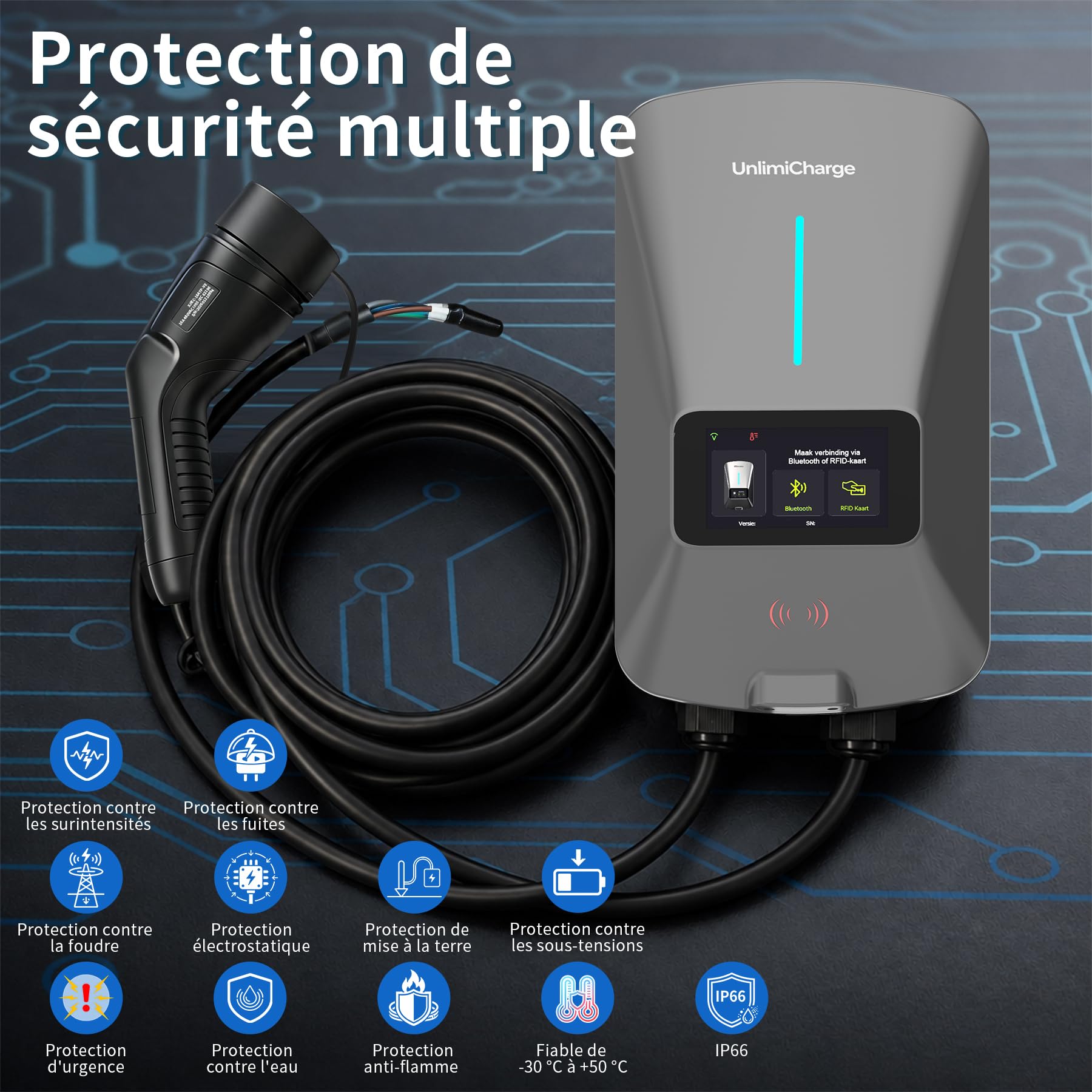 Wallbox 22kW Borne de Recharge avec APP Triphasé (400V,6A-32A,8m câble)