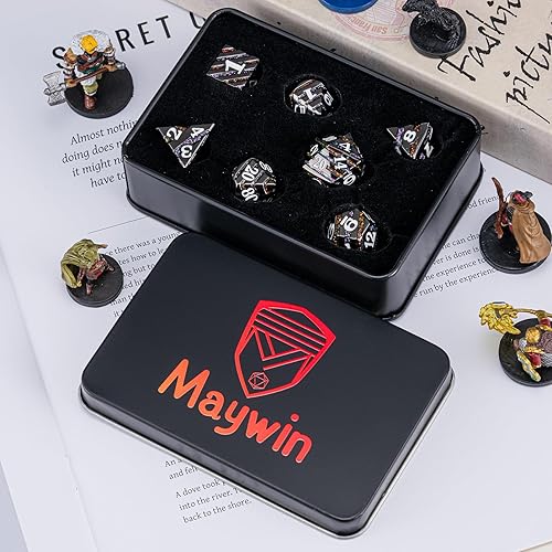 Miniatura 6 de Juego de dados de metal DND, juego de dados D&D de rayas metálicas con purpurina, 7 dados poliédricos con estuche de regalo para juego de mesa de