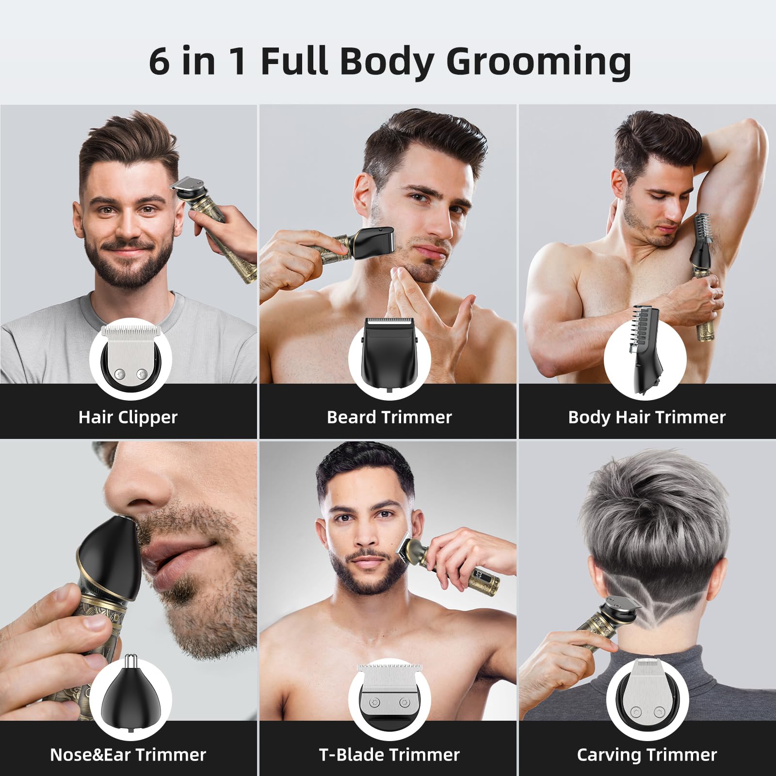 Apiker Tagliacapelli Uomo 6 IN 1, Regolabarba Uomo Rasoio Elettrico Barba Capelli Corpo Schermo LCD, Professionale Macchinetta per Capelli T-Blade con 9 Pettini Set,Trimmer Capelli USB Ricaricabile