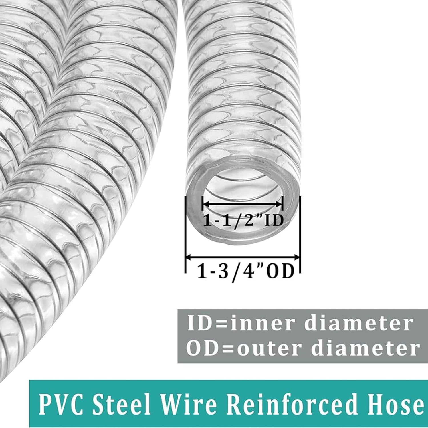 Wire Reinforced Hose 1-1/2''ID - 50ft Clear Heavy Duty Suction Line with 6 Clamps PVC Flexible Vinyl Tubing with Spiral Steel Wire, Drain Water Fuels Powder for Boat Marine Bilge Pump
