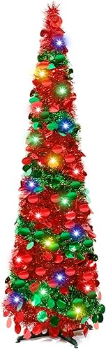 Árbol de Navidad de oropel de 5 pies, árbol de Navidad rojo y verde, árbol desplegable con 50 luces LED, árbol de Navidad artificial plegable para