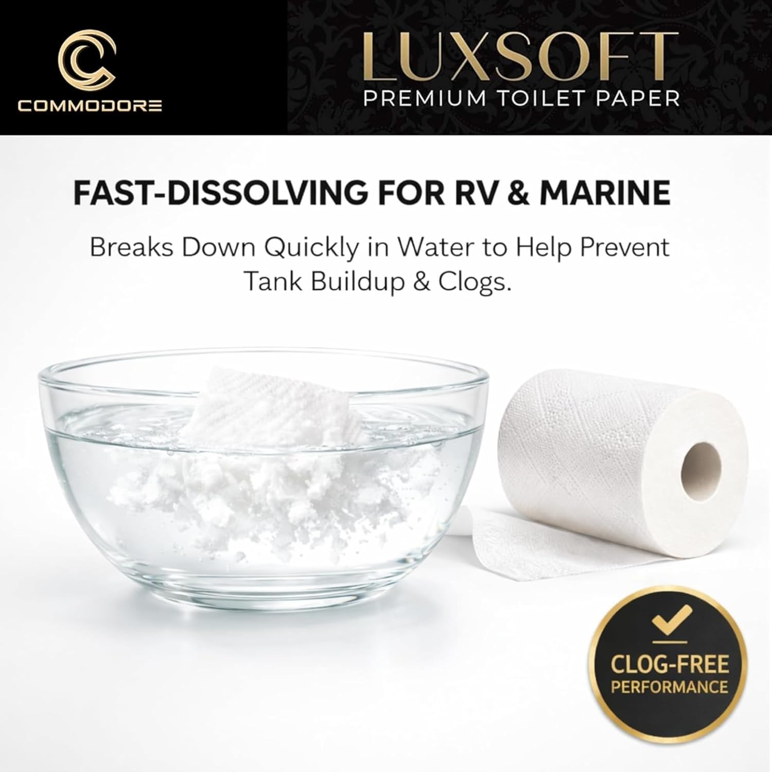 COMMODORE LUXSOFT Deluxe RV Toilet Paper (2 Pack | 12 Rolls) - 3 Ply Premium Soft Quick Dissolving Septic Safe Marine 300 Sheets/Roll Boat Camper Bath Tissue Luxury Absorbent Comfort White