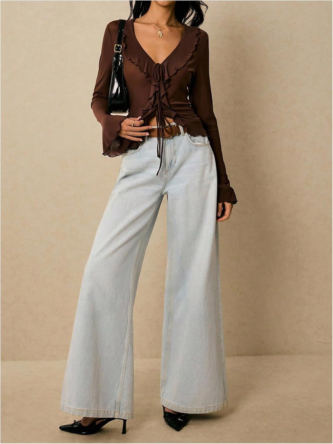 Floerns Women's Ruffle Tie Front Bell Sleeve Tops V Neck Fall Outfit Going Out T Shirts - Image 5