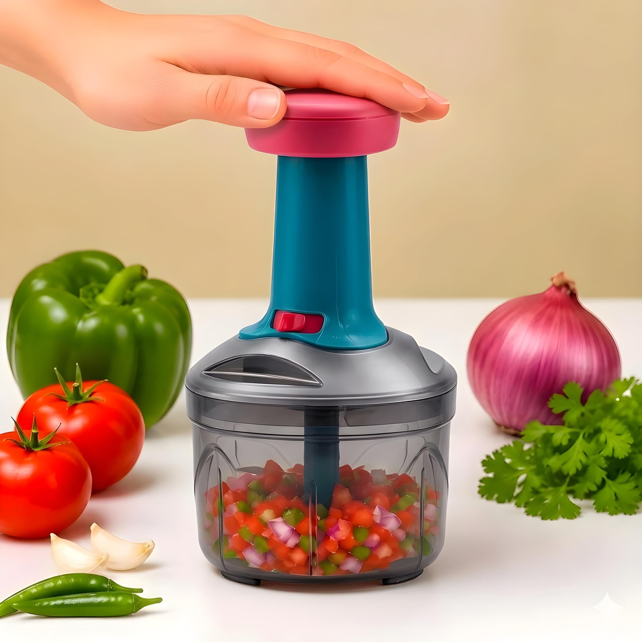 Manual Hand Press Push Chopper with 3 Blades for Effortless Chopping Vegetables & Fruits (Assorted, 700 ml, Plastic)-image-29